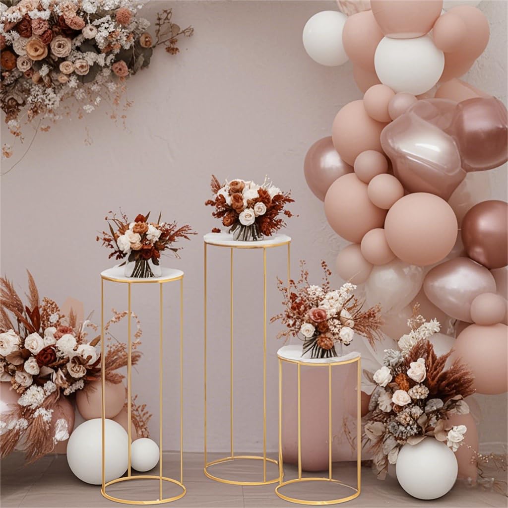 Tectsia 3pcs Metal Cylinder Pedestal Stand for Party, Cilindros Para Decoraciones De Fiestas, Round Cake Pedestal Tables for Wedding Display, Event Decor with Floral Plant, Birthday Backdrop- Gold