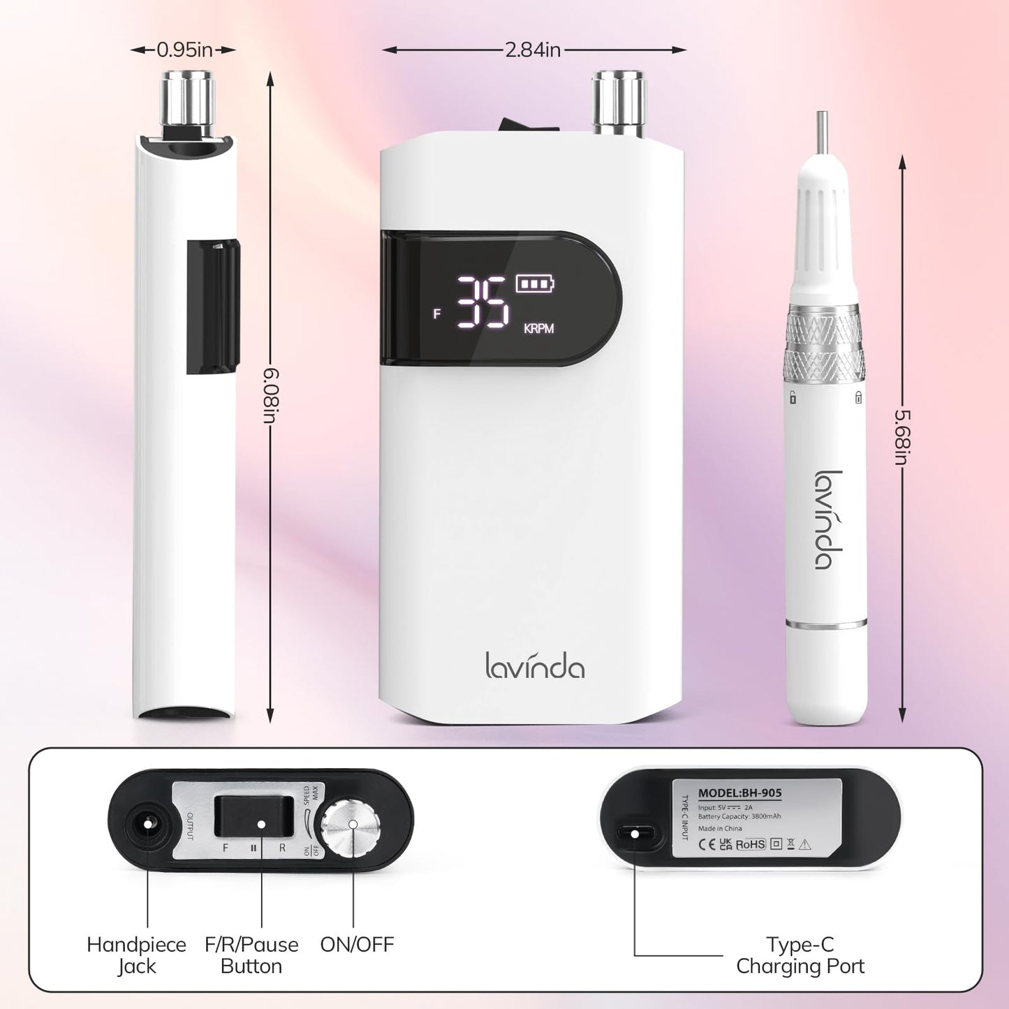 Lavinda Professional Nail Drill Machine, 35000RPM Electric Nail File Cordless Rechargeable Nail Efile for Acrylic Gel Nails, Manicure Pedicure Polishing Shape Tools for Salon Home Use-White