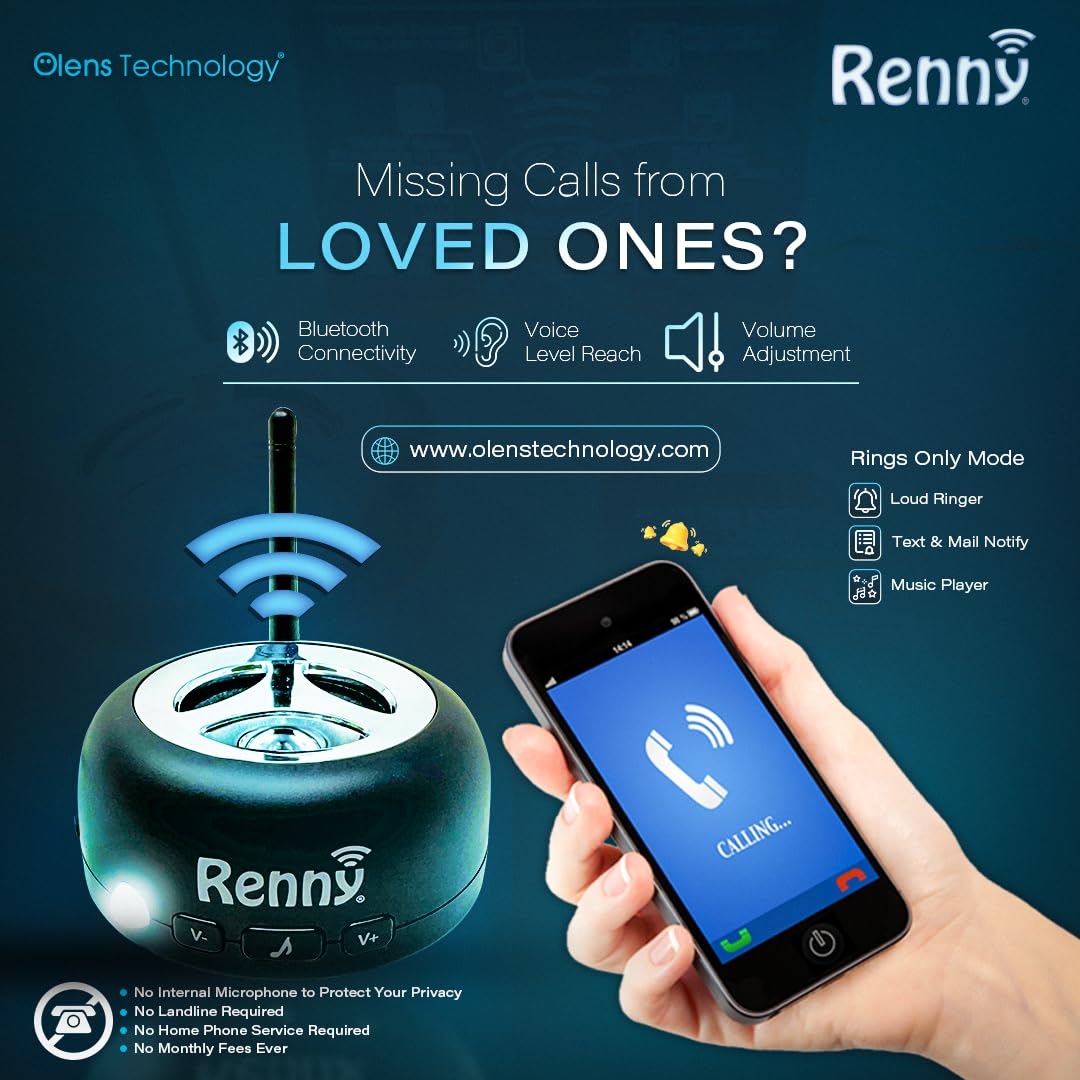 Renny - The Loud Cell Phone Ringer, Amplifier & Flasher for The Hearing Impaired (117dB) | Auto-Connects Wirelessly via Bluetooth | External Ringtones | Text/Email Notifications | Talking Caller ID