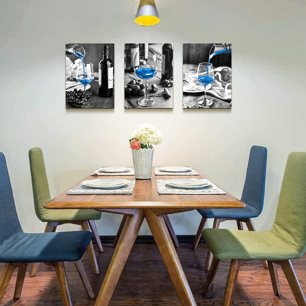Canvas Wall Art For Kitchen Wall Decor For Dining Room Black And White Wine Glasses Painting Modern Blue Wine Canvas Art Prints Ready To Hang Pictures For Restaurant Home Decorations 16"X24" 3 Pieces