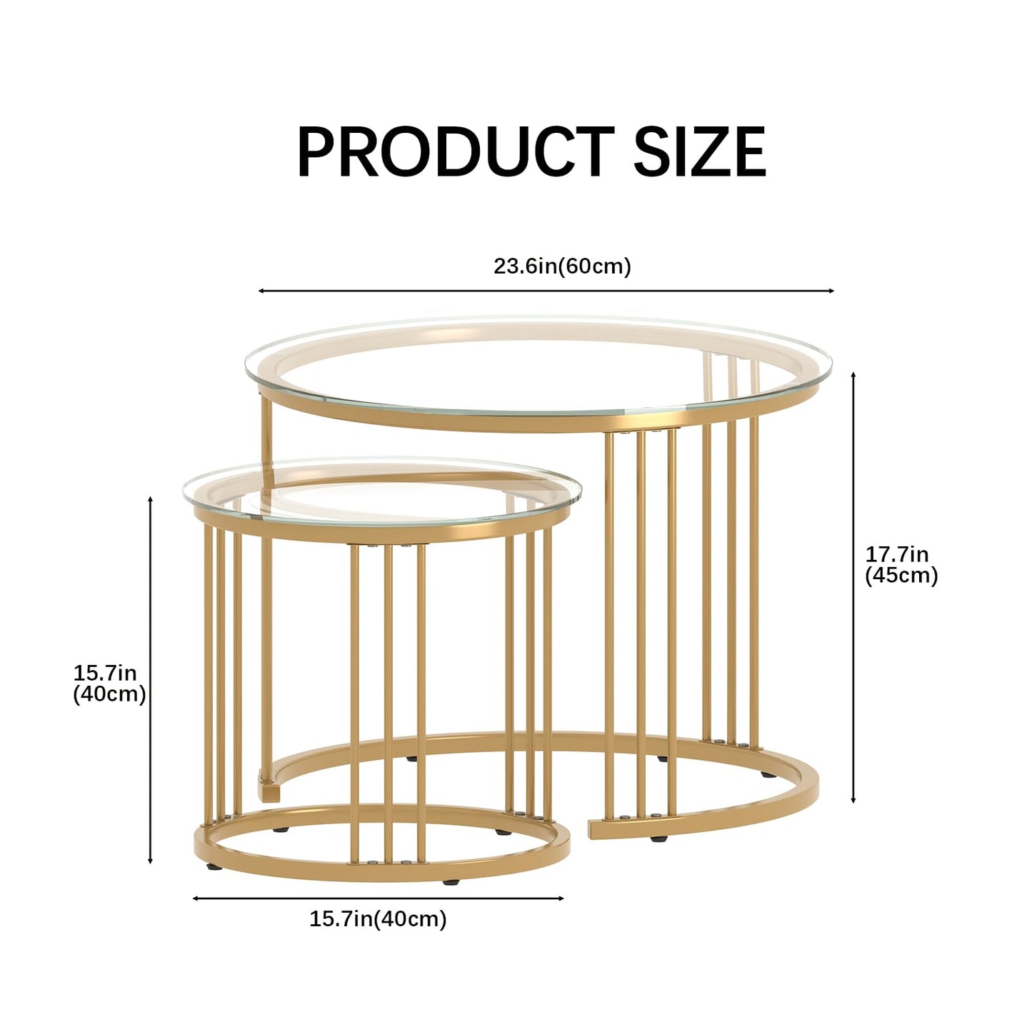 Garden 4 you Nesting Coffee Table, 23.6" Round Coffee Table Set of 2, Glass Nesting Table with Metal Frame, Ceter Tables for Living Room Bedroom Balcony, Gold