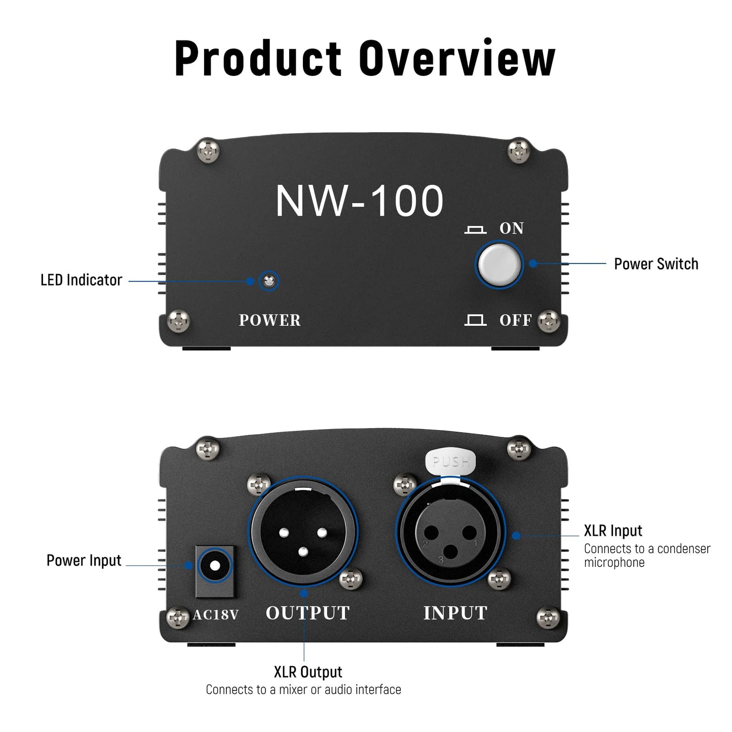 Neewer 1-Channel 48V Phantom Power Supply with Adapter, BONUS+XLR 3 Pin Microphone Cable for Any Condenser Microphone Music Recording Equipment (8 feet)