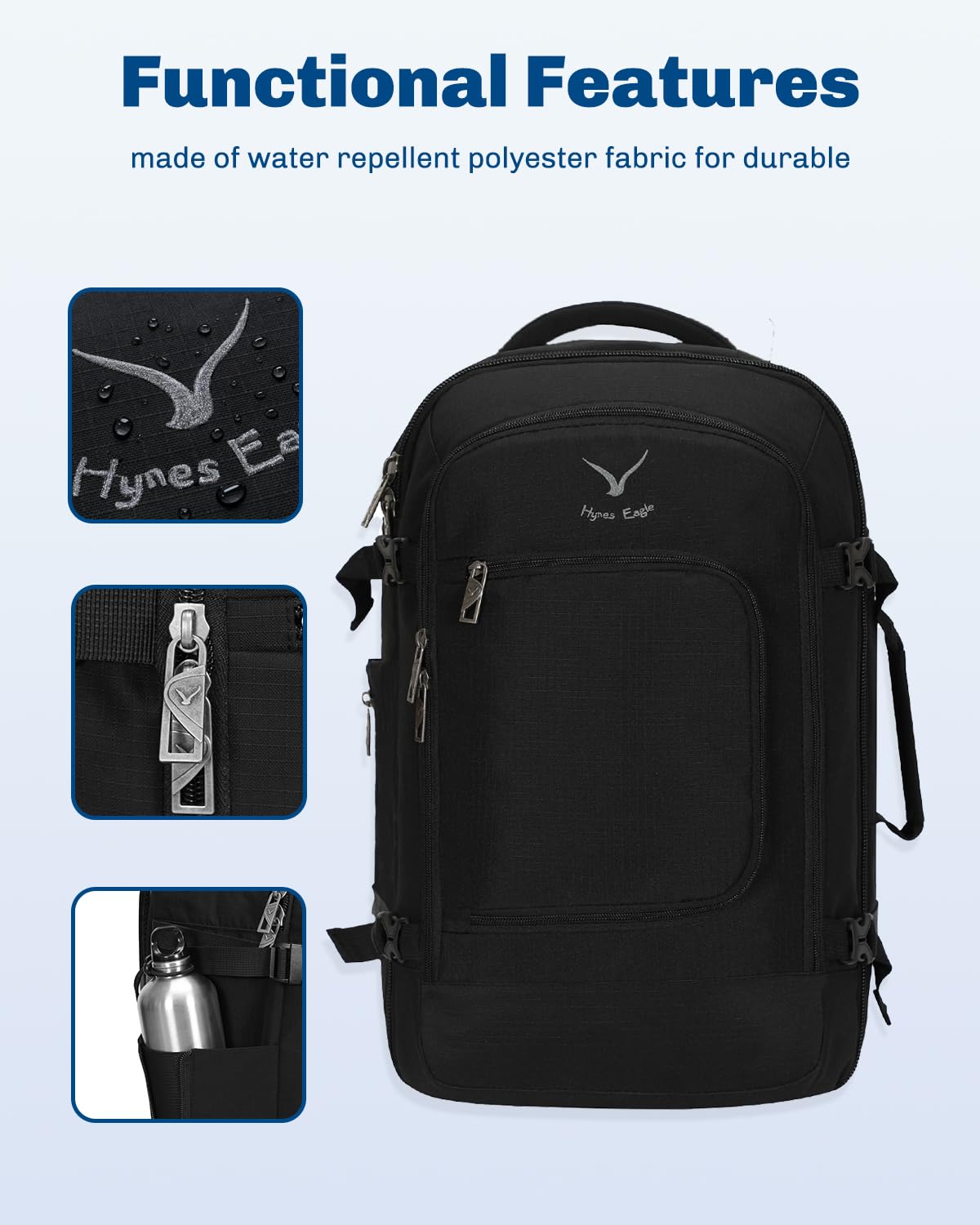 Hynes Eagle Travel Backpack 40L Flight Approved Carry on Backpack Men Large Cabin Weekender Laptop Backpack Women 15.6 inches Black 2023