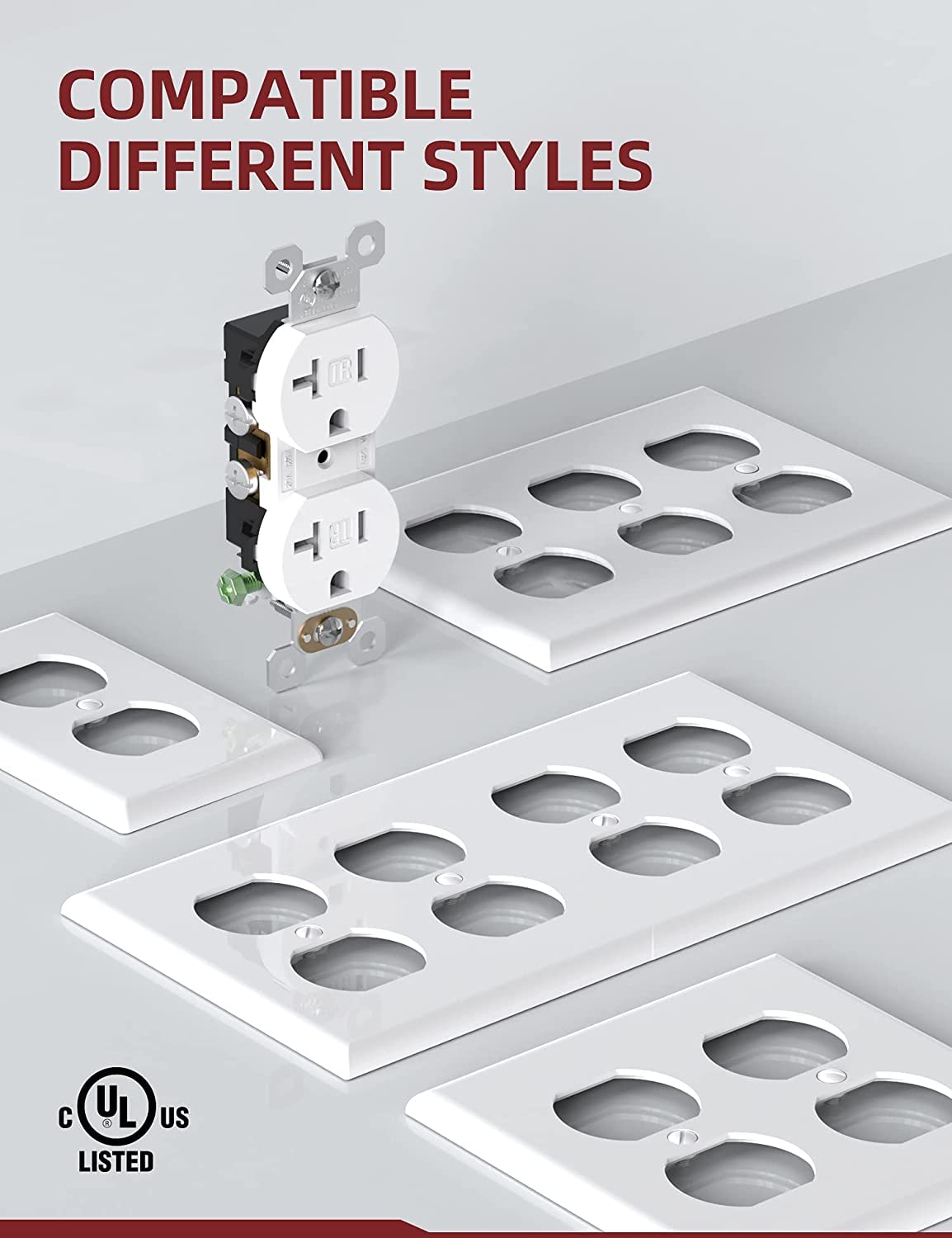AIDA 20 amp Outlet Duplex Electrical Receptacle Outlets,Tamper Resistant,Heavy-Duty Receptacle Wall Outlet,Residential,TR,3-Wire, Self-Grounding Clip, NEMA 5-20R,UL Listed 50 Pack, White