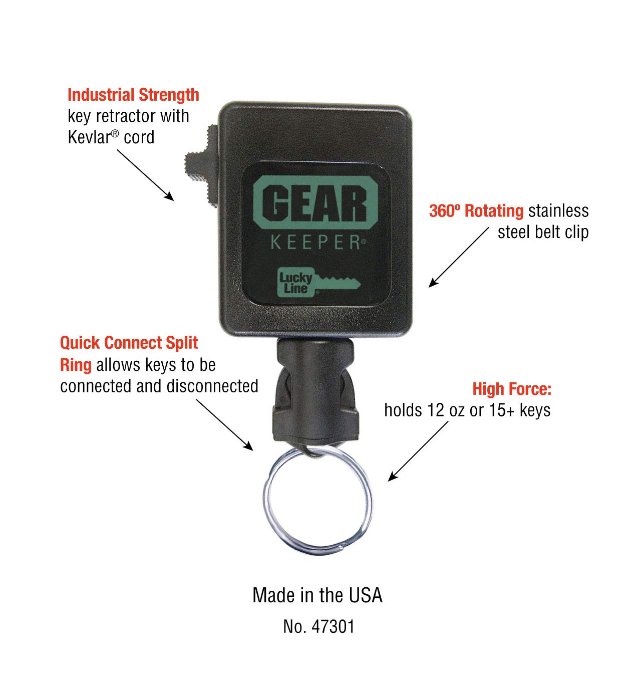 Lucky Line HIGH Force Gear Keeper, Industrial Strength Key Retractor with 42" Kevlar Cord, Clip-On, 1 per Pack (47301), Black, HIGH Force - Holds 15-28 Keys or 12 oz