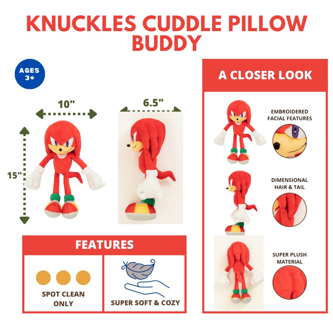 Sonic The Hedgehog Anime Knuckles The Echidna Kids Plush Cuddly Cuddle Pillow, Super Soft & Cozy, 18.50" Tall, (Officially Licensed Product) by Franco