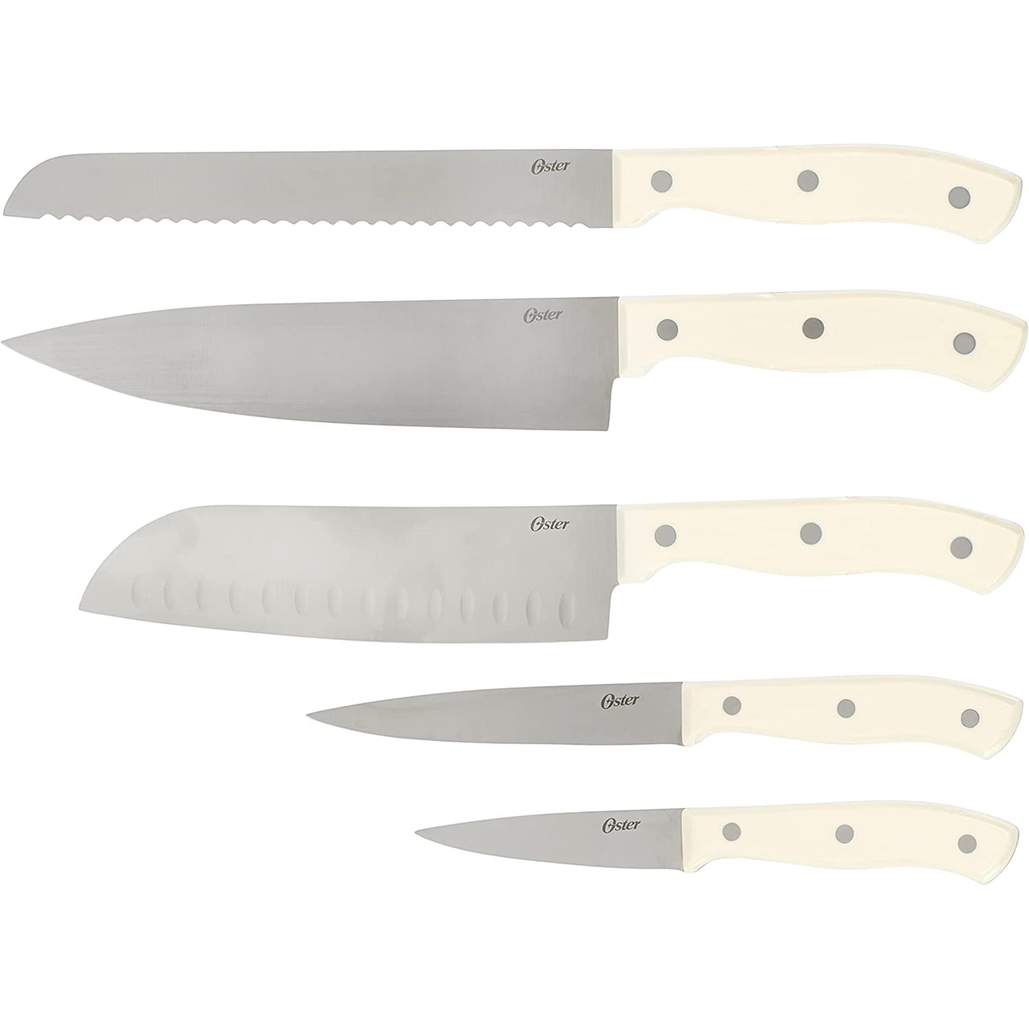 Oster Evansville 14 Piece Cutlery Kitchen Knife Block Set, Stainless Steel w/Linen White Handles - Cuchillos Para Cocina