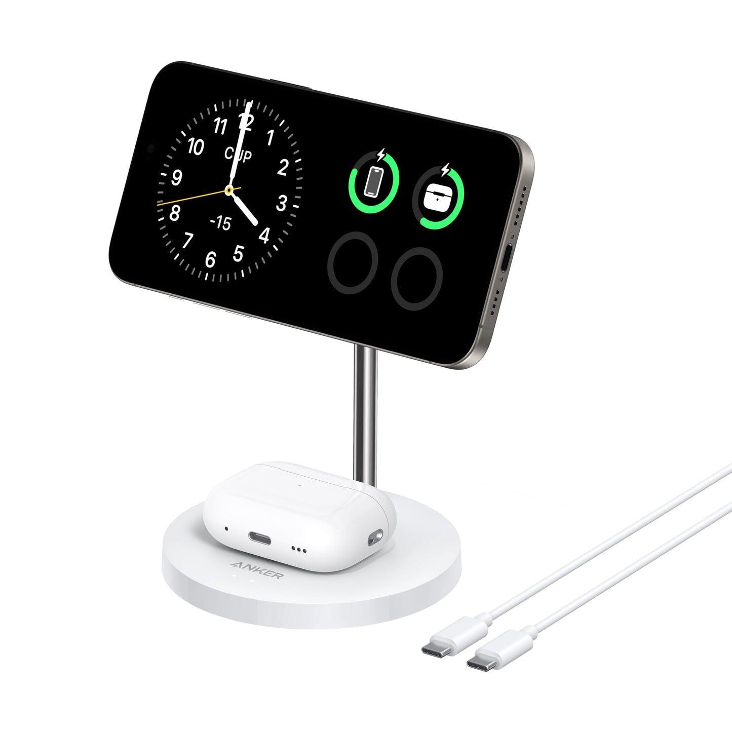 Anker MagSafe Compatible MagGo Charger Stand, iPhone 17 Wireless Charger, 2-in-1 Charging Station, Qi2 Certified 15W Fast Charging, for iPhone 17/16/15/14/13/12, AirPods Pro (White, No Adapter)
