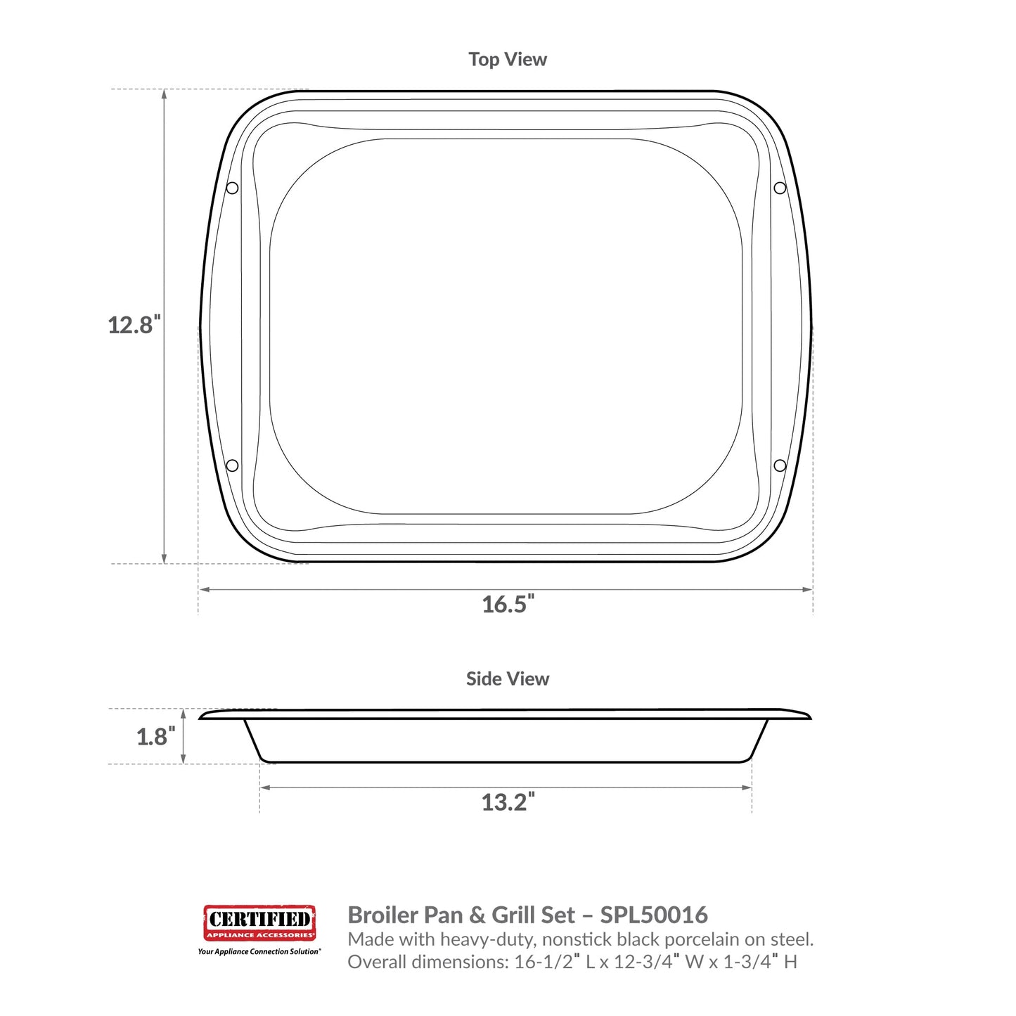 Certified Appliance Accessories Large 2-Piece Broiler Pan & Grill Set Porcelain-on-Steel 16-1/2"x12-3/4"x1-3/4", Universal, Whirlpool, Broiler Pan for Oven, Black