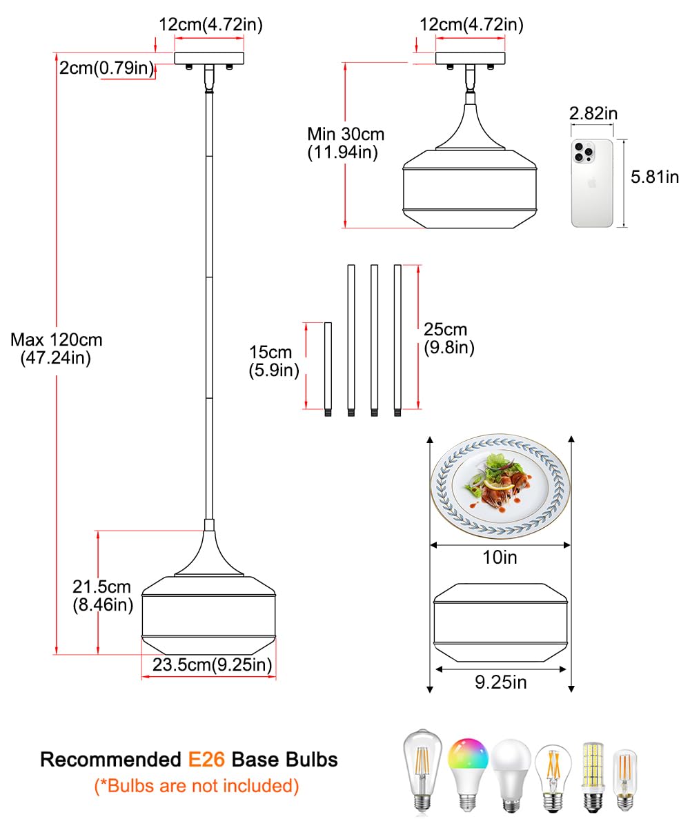 Modern Chrome Pendant Lights Kitchen Island, 9 Inch Smoke Grey Glass Pendant Light with Adjustable Hanging Rod, E26 Socket, for Kitchen Island Lighting, Bathroom, Hallway & Entryway Home Decor