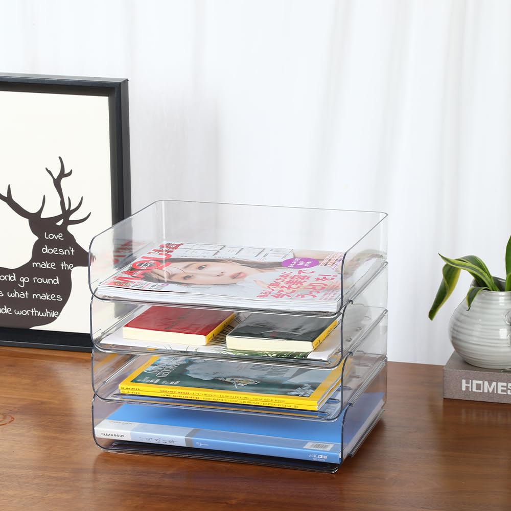 4 Tier Stackable A4 Paper Trays, Office Desk File Holder, Tidy File Document Letter Book Paper Organizer (4 Tiers,Clear)