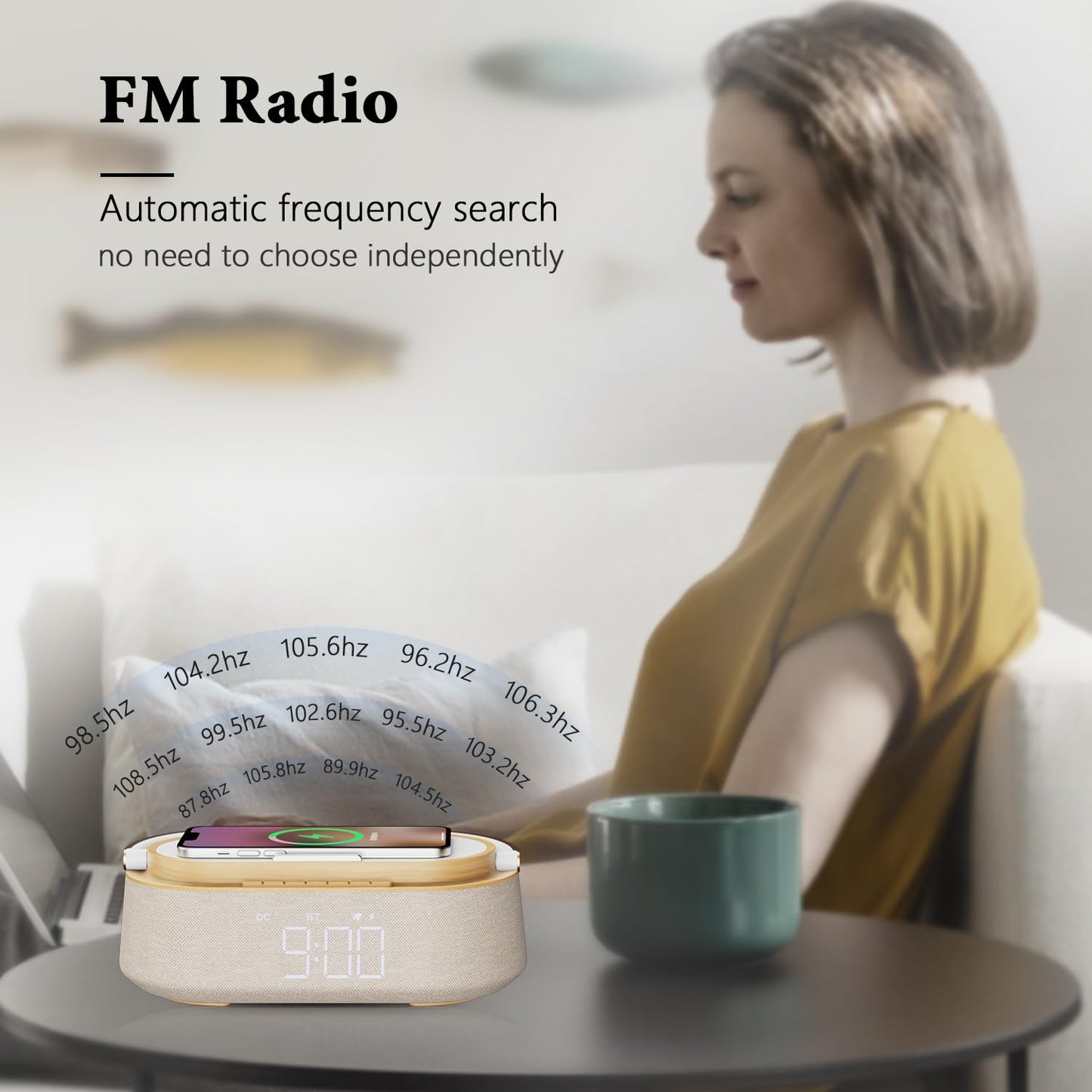 FREEFISH Bluetooth Speaker with Wireless Charger, FM Radio, Adjustable LED Night Light, Dual Wireless Speakers, Suitable for Home Decoration, Bedroom, Office, Gift（Wooden）