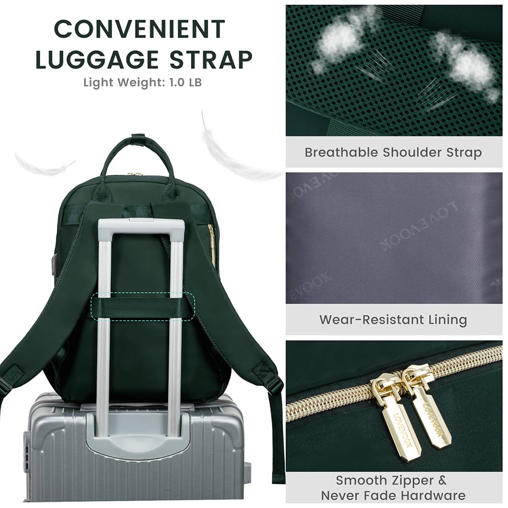 LOVEVOOK Laptop Backpack for Women, Water Resistant Travel Work Backpacks Purse Stylish Business Teacher Nurse Computer Bag with USB Charging Port,Dark Green