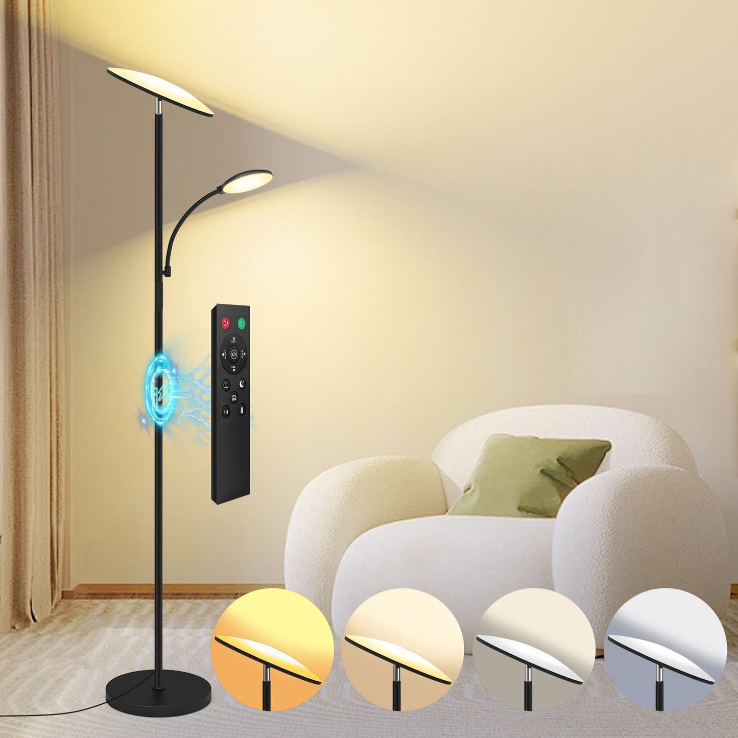 Floor Lamp, Upgraded 42W 4500LM Super Bright LED Floor Lamp with Rotatable Reading Light, Touch Remote Control & Memory Function, Stepless Dimmable Standing Lamp for Living Room Bedroom Office, Black