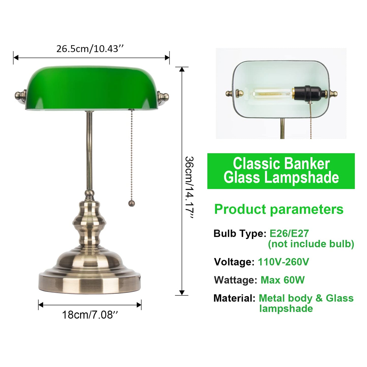 JCPYIUL Green Glass Bankers Desk Lamp,Antique Desk Lamps with Brass Base, Traditional Library Lamp with Pull Chain, E26 Base, Vintage Desk Lamp for Office, Study Room