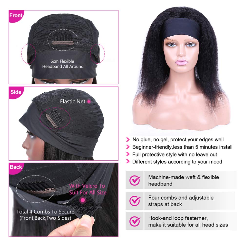 Kinky Straight Headband Wig Human Hair 180% Density 12A Headband Wigs for Black Women Glueless Yaki Headband Half Wig Human Hair Machine Made No Lace Front Headband Wig Natural Black Color 14 Inch