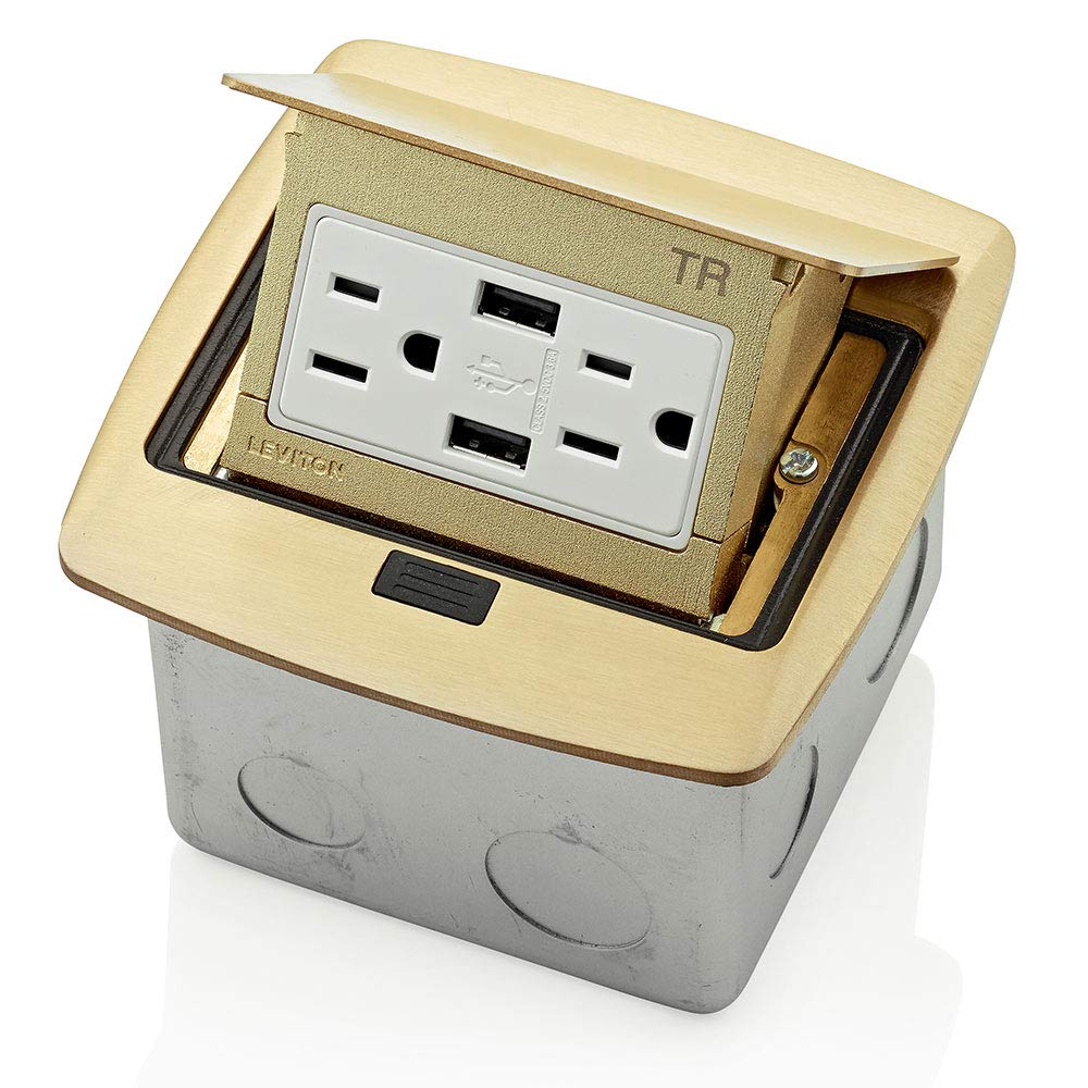 Leviton Pop-Up Floor Box with Dual Type A, 3.6 USB Charger, 15 Amp Outlet, Brass, PFUS1-BR