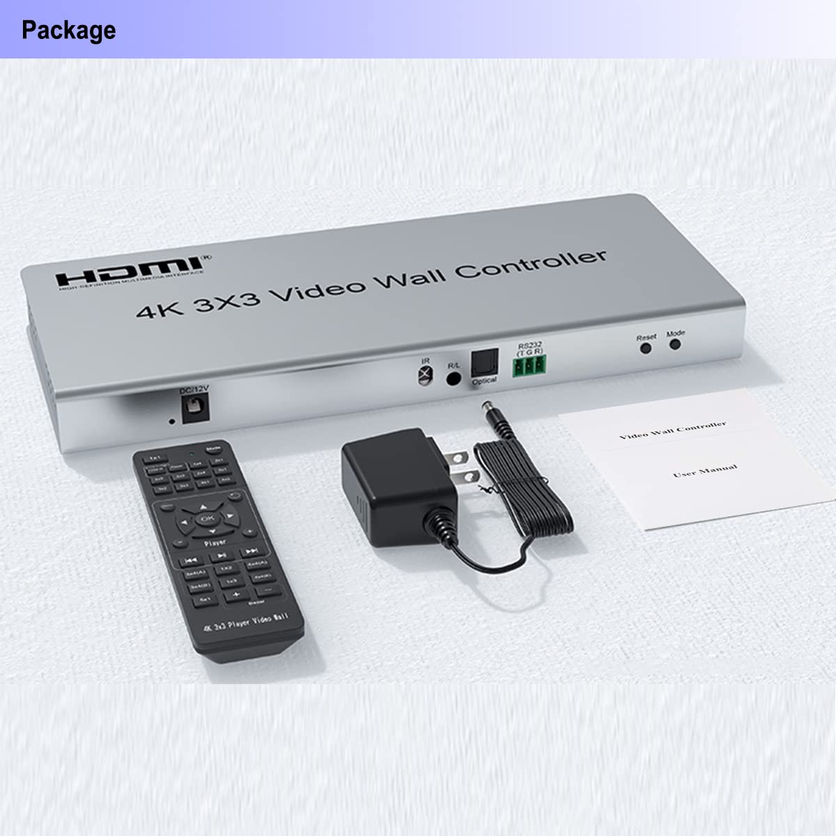 4K 3x3 Video Wall Controller, 9 Channel HDMI 1.4 Splitter, with Out Audio, Remote Control & RS232, Button Press, Support 1x1 1x6 2x1 6x1 2x2 3x3 2x4 Modes, Cascade 3x4 4x3 4x4