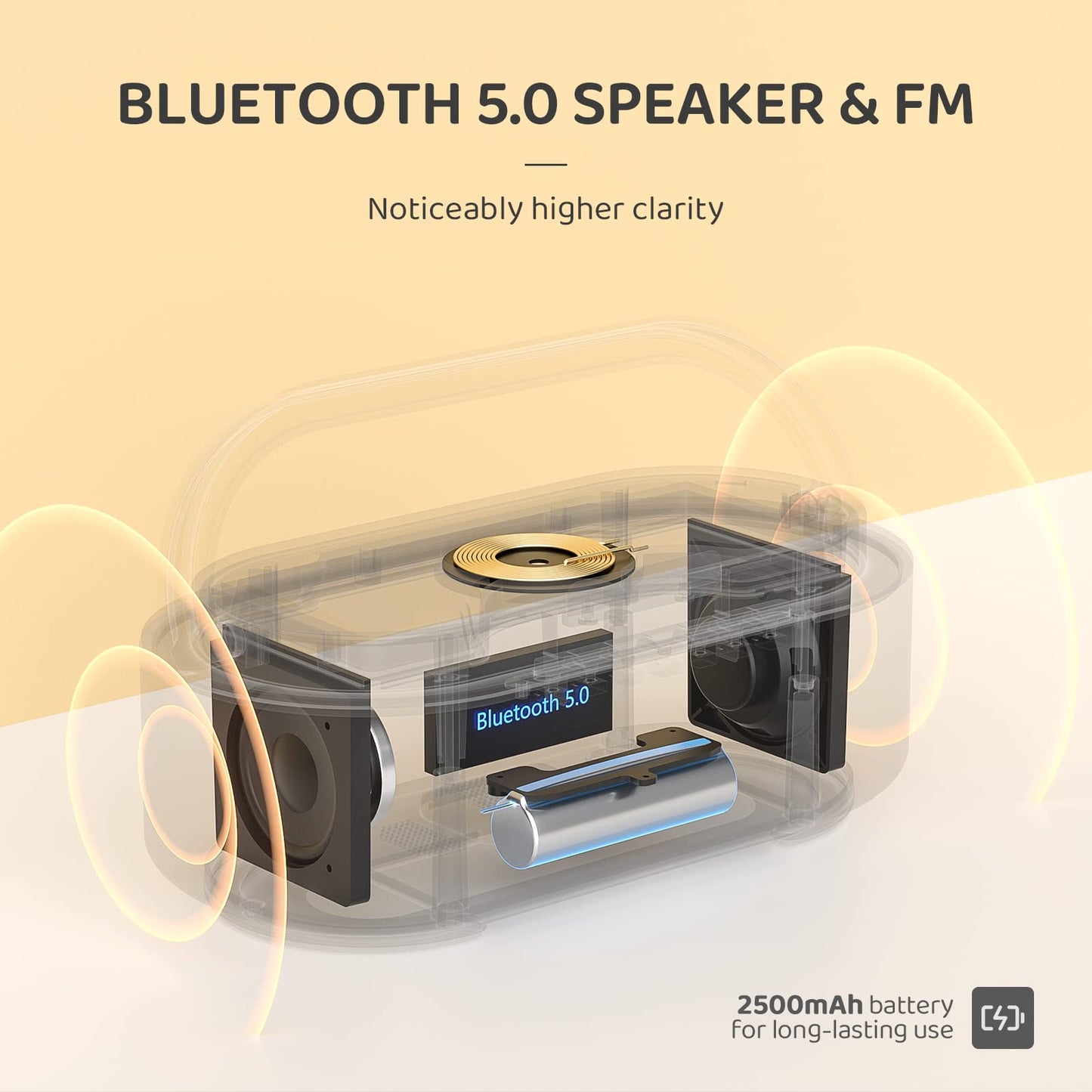 COLSUR Bluetooth Speaker Alarm Clock with Wireless Charger, FM Radio, Adjustable LED Night Light, 6 in 1 Bedroom Portable Speaker 2500mAh, Phone Stand for Bedside, Home, Office, Gift (Wood)