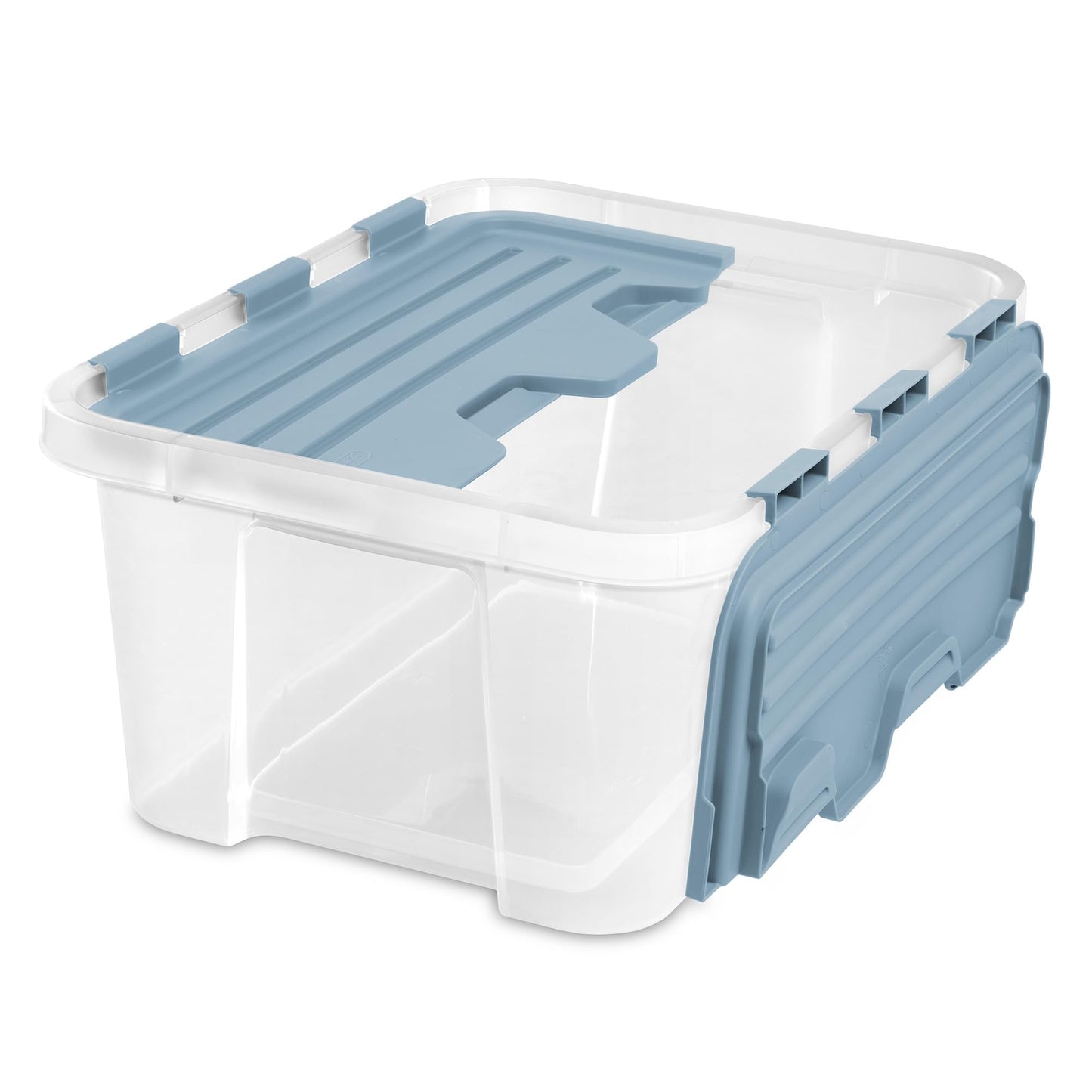 Sterilite 6-Pack Hinged Lid Storage Box, Plastic Organizer Containers, 20 Qt, Washed Blue - Large Stackable Tote Boxes with Lids for Home, Closet, Cabinet, Classroom, and Office Organization