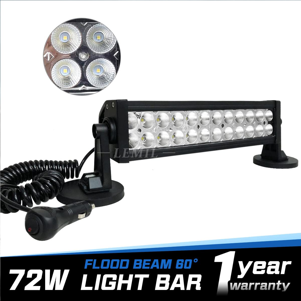 LEMIL 72W Led Light Bar Flood Light Magnetic Work Light Cigarette Lighter Waterproof Driving Off Road with Rocker Switch Wiring Harness for Ford Boat Truck SUV UTE ATV UTV 12V 24V