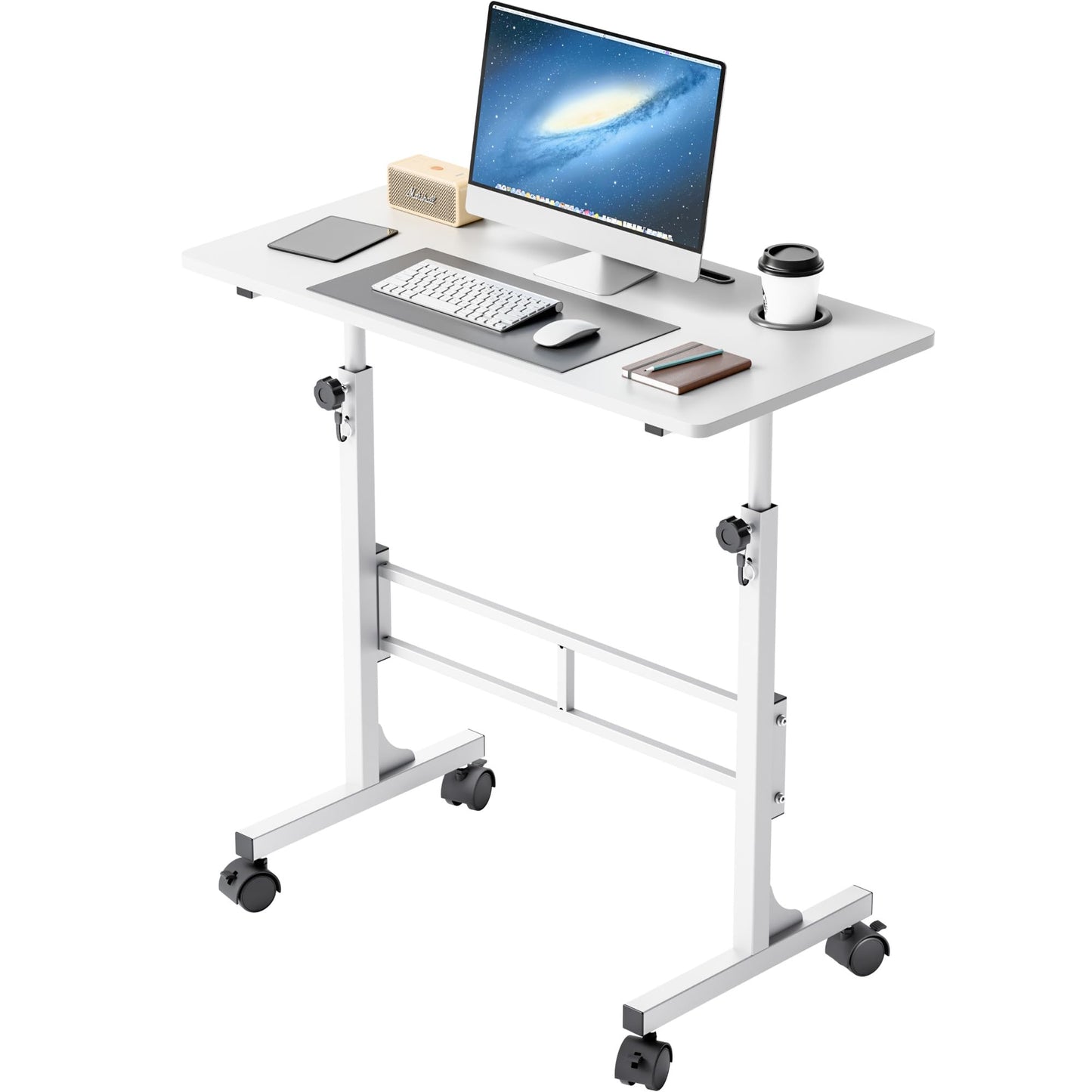 Furmax 31.4" Small Portable Standing Desk Height Adjustable with Lockable Wheels, Mobile Stand Laptop Computer Workstation for Walking Pad Treadmill (White)