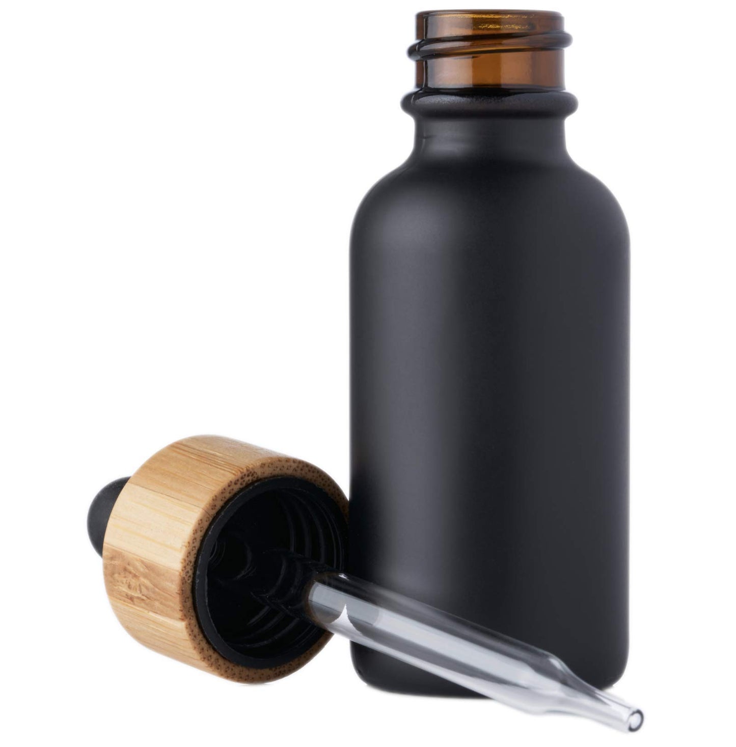 Focus Nutrition Black Boston Round 1 oz Glass Dropper Bottles for Essential Oils With Bamboo Caps | 24 Pack
