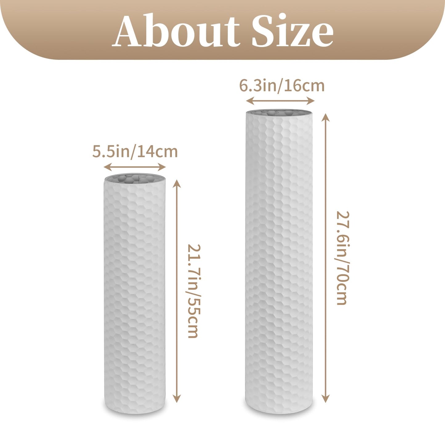 Sziqiqi White Tall Vases for Floor: 27.6/21.7in Metal Cylinder Handmade Flower Holder Extra Large Decorative Vase Set of 2 Modern Honeycomb Texture Big Standing Vase for Living Room Home Corner