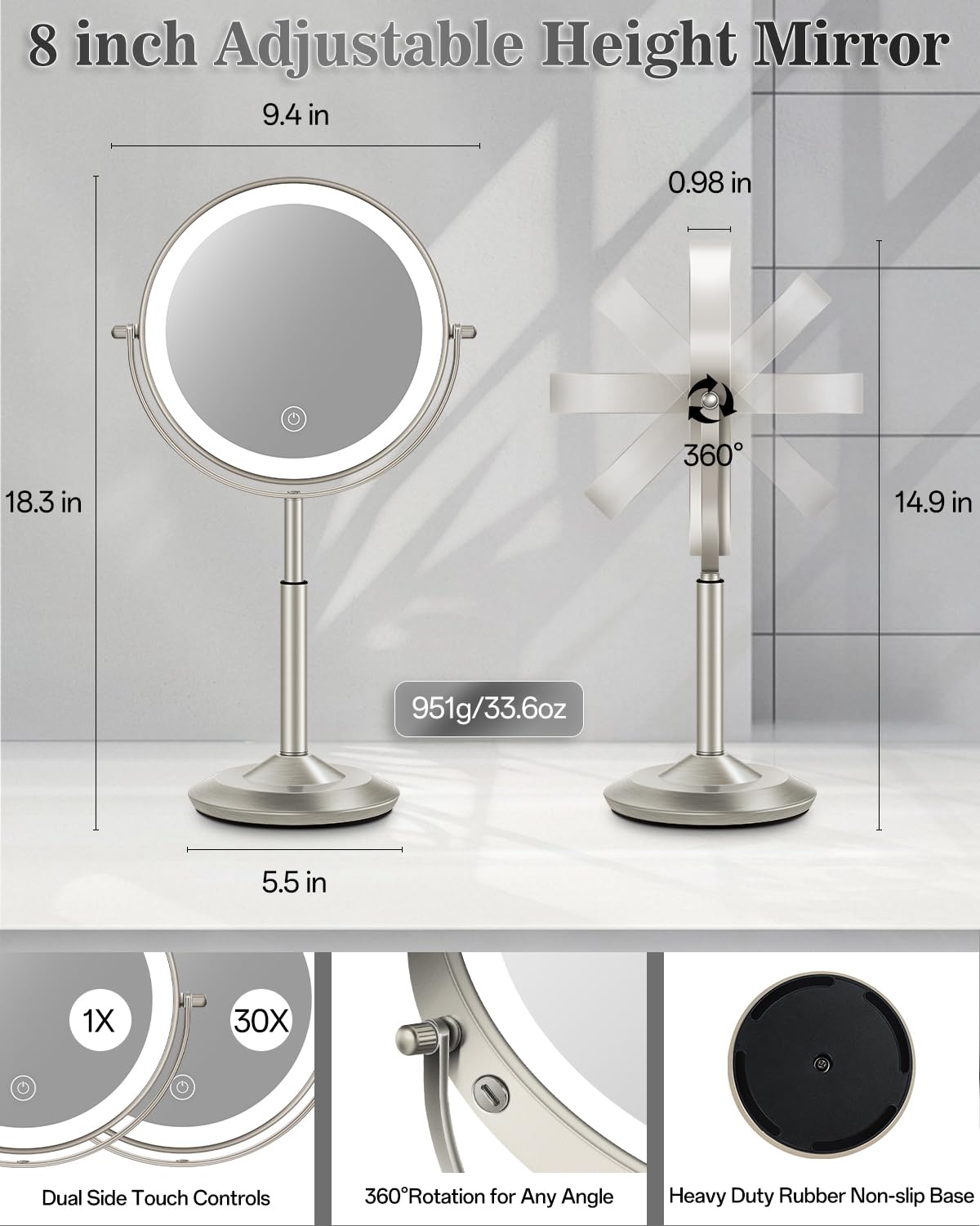 vpu Makeup Mirror with Lights, 1X/30X Lighted Magnifying Mirror Height Adjustable, 3000mAh Rechargeable Double Sided Vanity Mirrors with 3 LED Lighting and Adjustable Brightness for Desk Women Gift