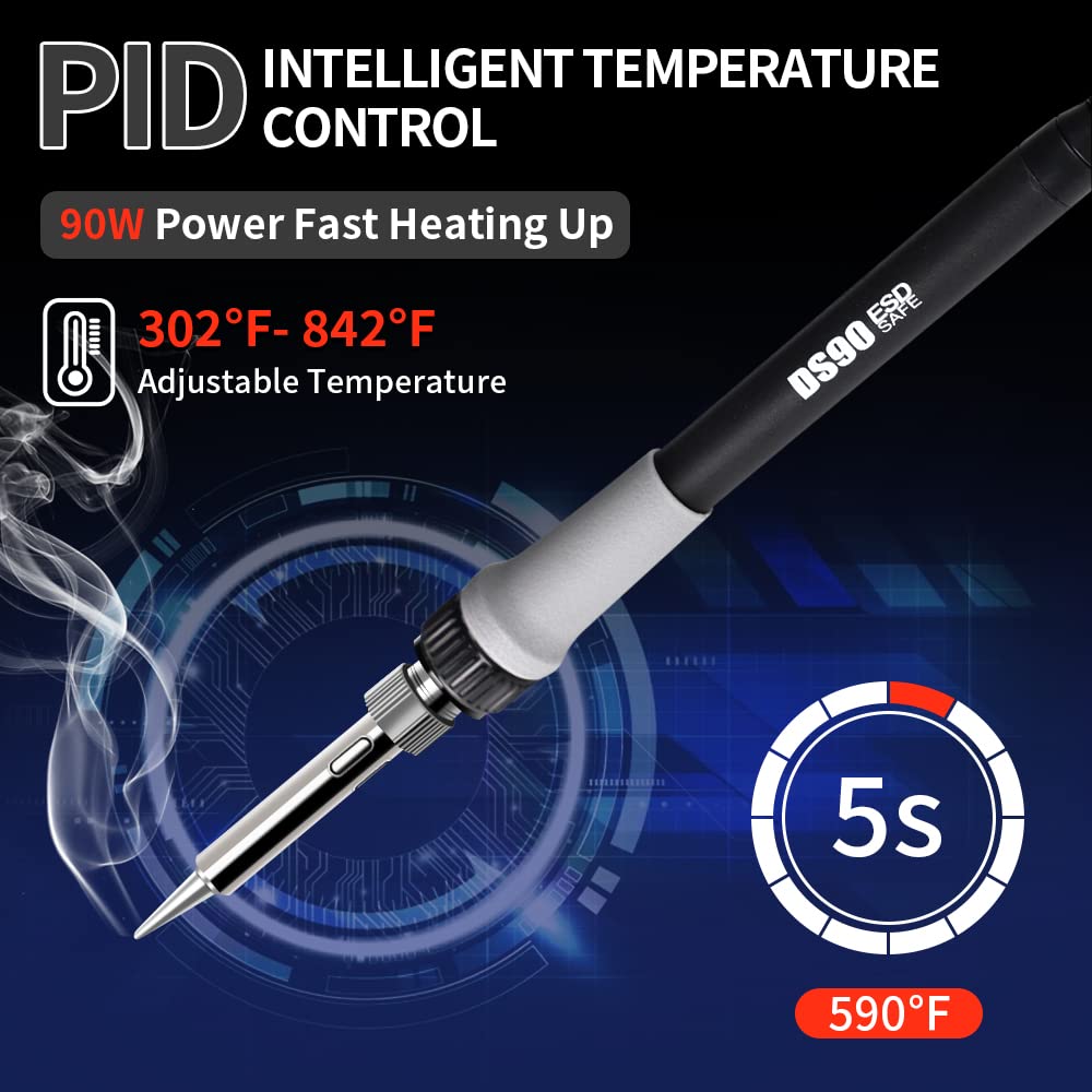 TOAUTO DS90 Soldering Station-°F & °C Dual Digital Display Soldering Iron Station Kit,90W Soldering Iron,302℉- 842℉ Temperature, Anti-Static Design & Grounding Wire, Auto Standby & Sleep,5 Solder Tips