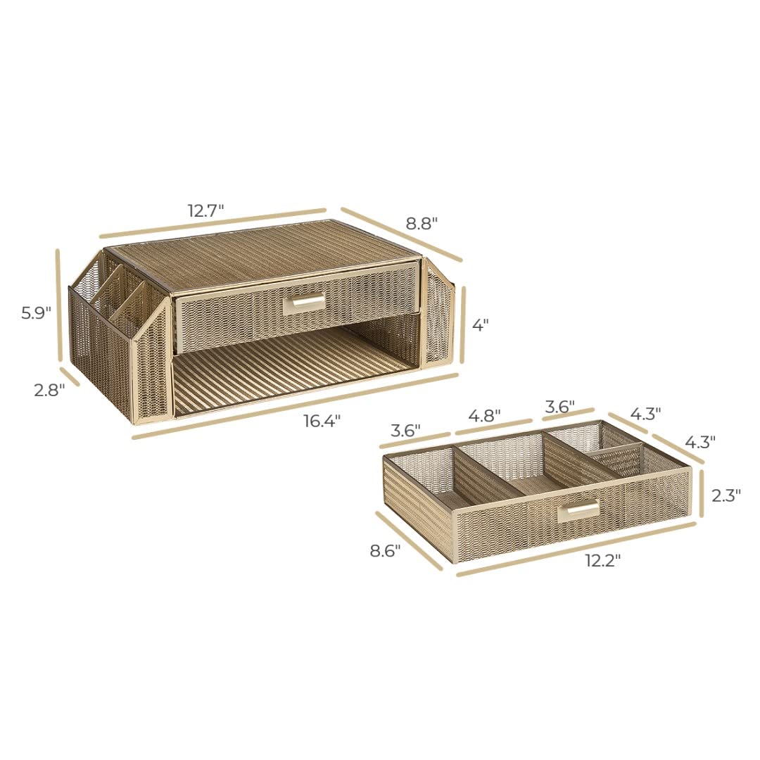 Blu Monaco Gold Monitor Stand with Drawer – Computer Monitor Riser with Storage – Laptop Stand for Desk with Storage - Laptop organizer - Desk Organizer with Drawers