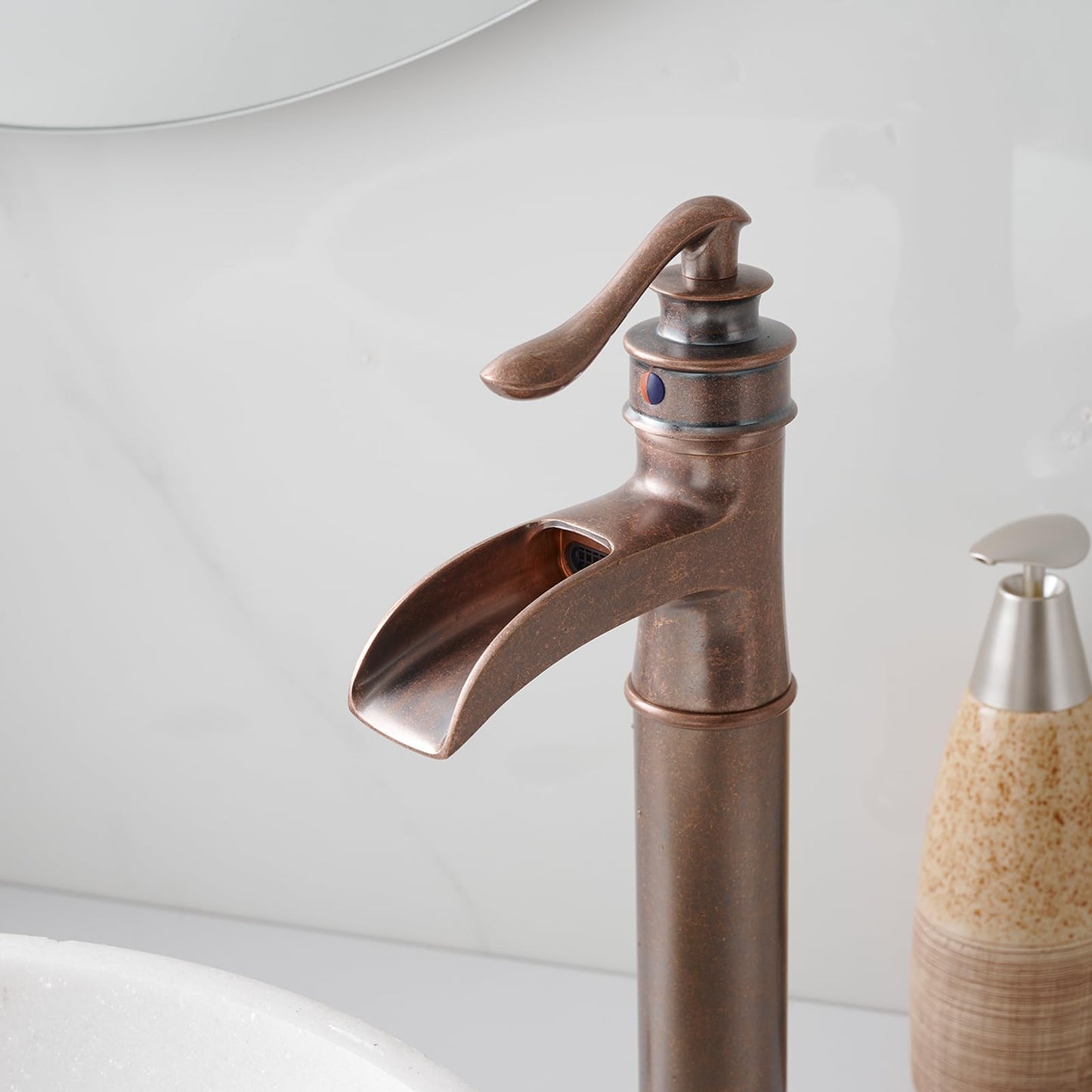 BWE Vessel Sink Faucet Waterfall Antique Copper Single Hole with Pop Up Drain Stopper Without Overflow and Supply Lines One Handle Vanity Basin Bath Sink Mixer Tap