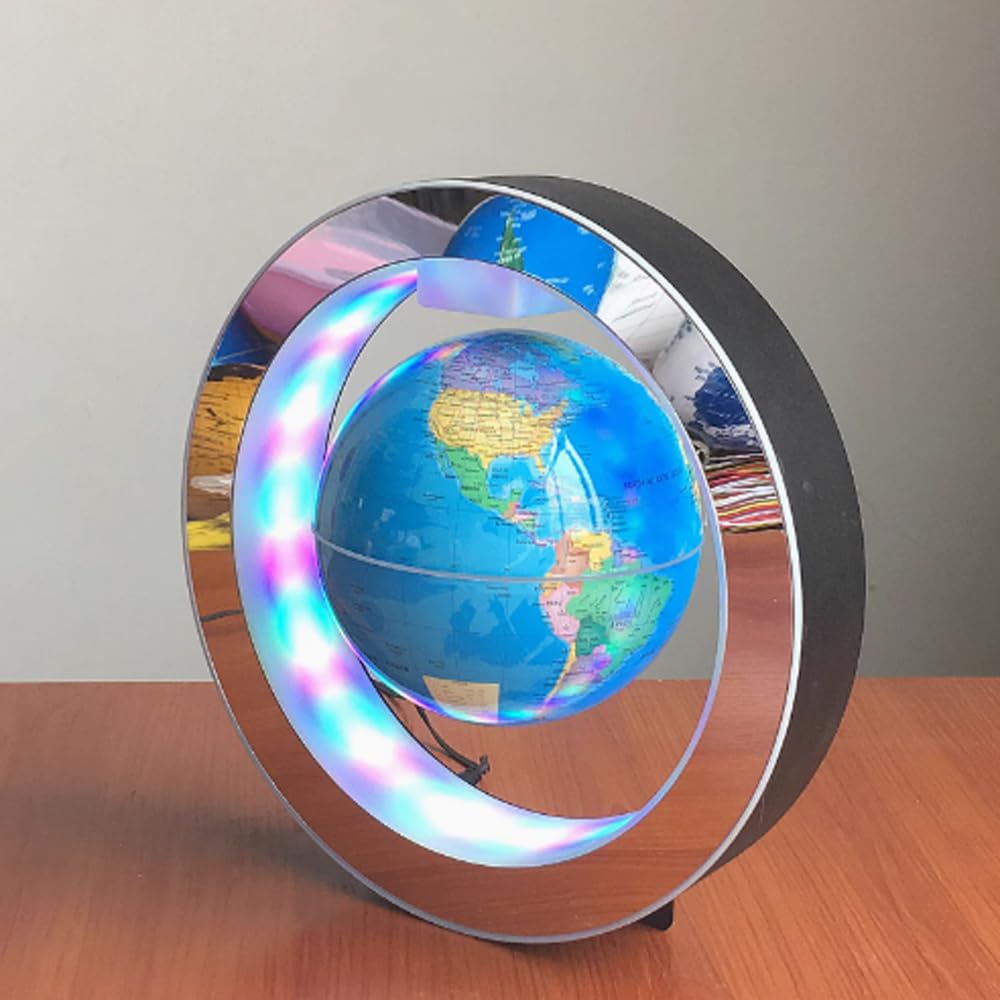 Magnetic Floating Globe, Magnetic Levitating with LED Light O Shape Frame Self-rotating Desk Gadget Decor Floating Globes World, 4inch (Light Blue)