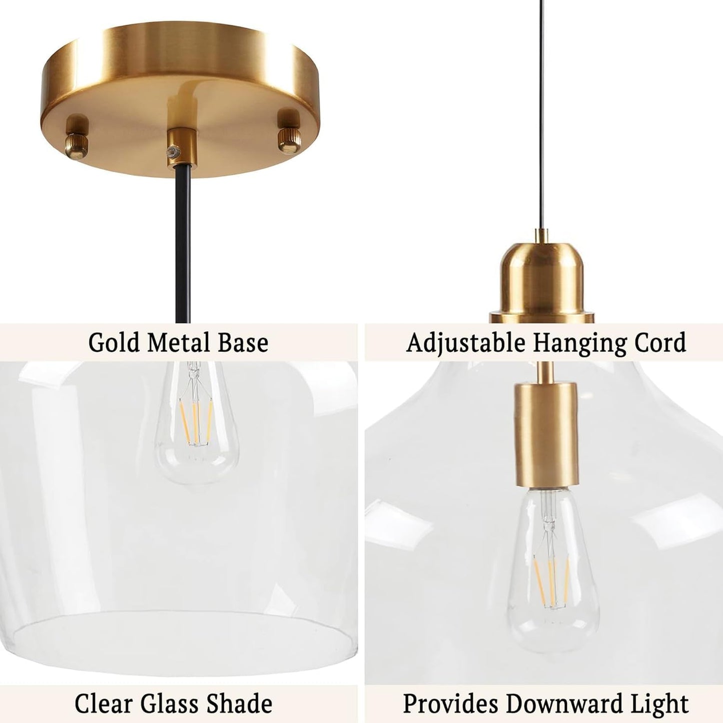 INK+IVY Auburn Pendant Lighting for Dining Room, Industrial Kitchen Lights, Hand-blown Glass Bell Shaped Pendant Light for Kitchen Island, Foyer, Bedroom, 9" Dia x 95.5" H, Gold/Clear