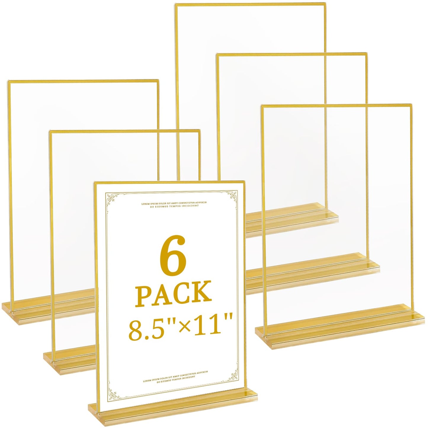 Floroom 6 Pack 8.5x11 Inch Clear Acrylic Sign Holders, Double-Sided Gold Display Stand Picture Frames for Table Numbers, Menus, Flyers, Weddings, and Offices