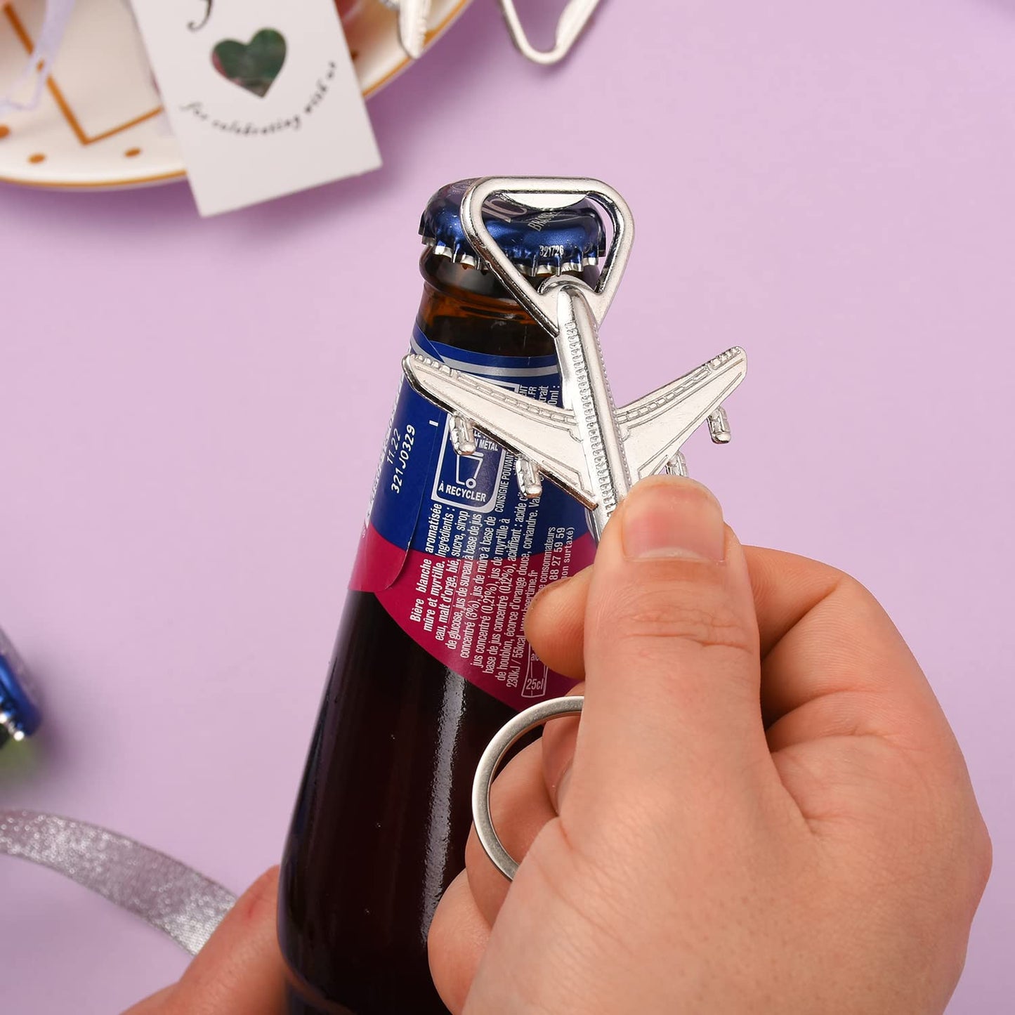 50Pcs Airplane Bottle Openers with Keychain & Keyrings for Wedding Favors, Bridal Shower Gifts for Guests or to make flight attendant gifts for a trip，Include White Sheer Favor Bag Thank You Card