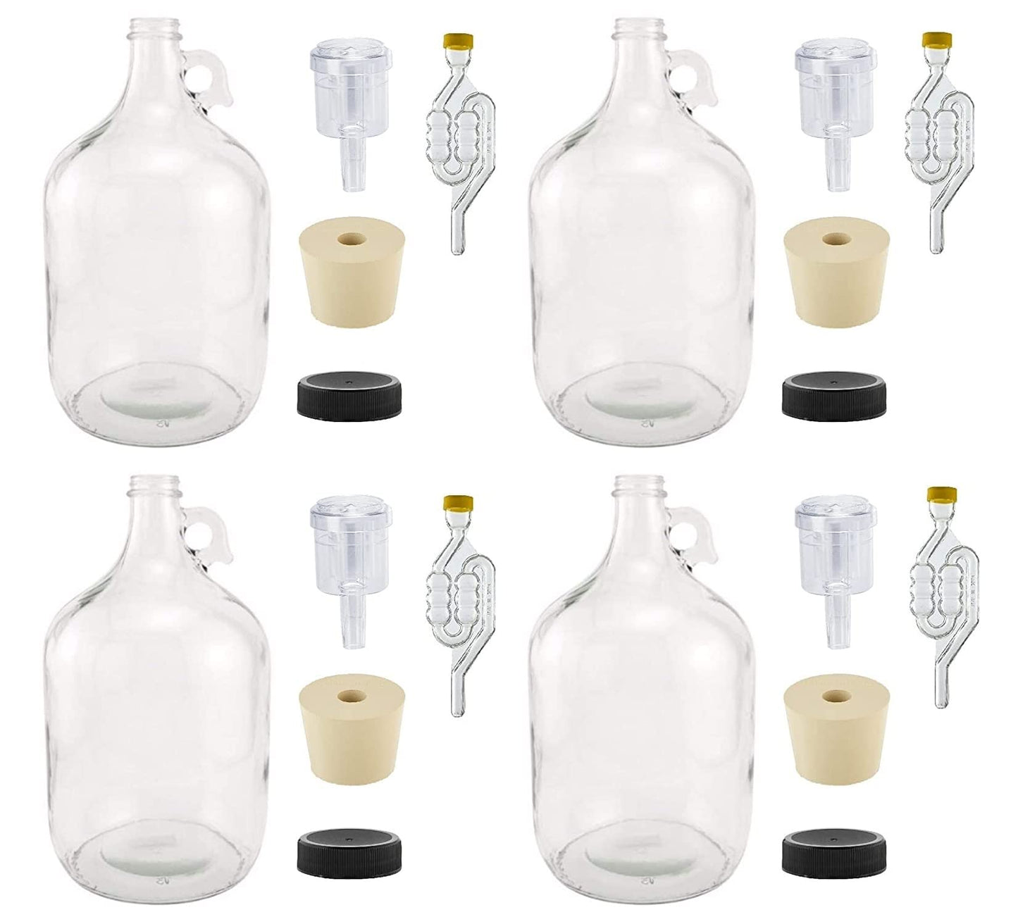 North Mountain Supply 1 Gallon Glass Fermenting Jug with Handle, 6.5 Rubber Stopper, 6-Bubble Airlock, 2-Piece Airlock & Black Plastic Lid - Set of 4