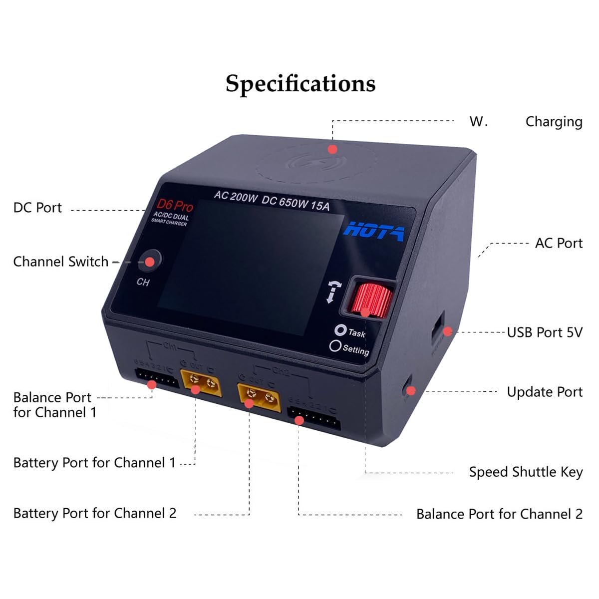 Alaohu HOTA D6 Pro Lipo Battery Charger AC/DC Dual Channel Smart Charger AC200W / DC650W (325W*2) 15A Balance Charger for RC Lipo LiHv Nicd NiMH Battery Charging RC Car RC Boat FPV Race Drone Parts