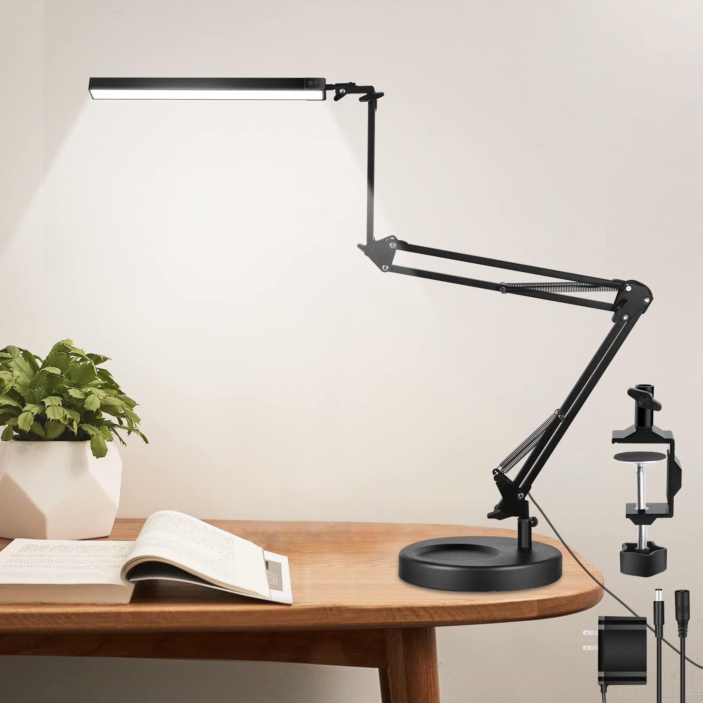 NOEVSBIG LED Desk Lamp with Clamp,2-in-1 Clamp on Desk Lamp with Base,50.7" Adjustable Swing Arm Architect Desk Lamp,Memory Function Desk Lights for Home Office,Workbench,Reading,Craft,Drafting