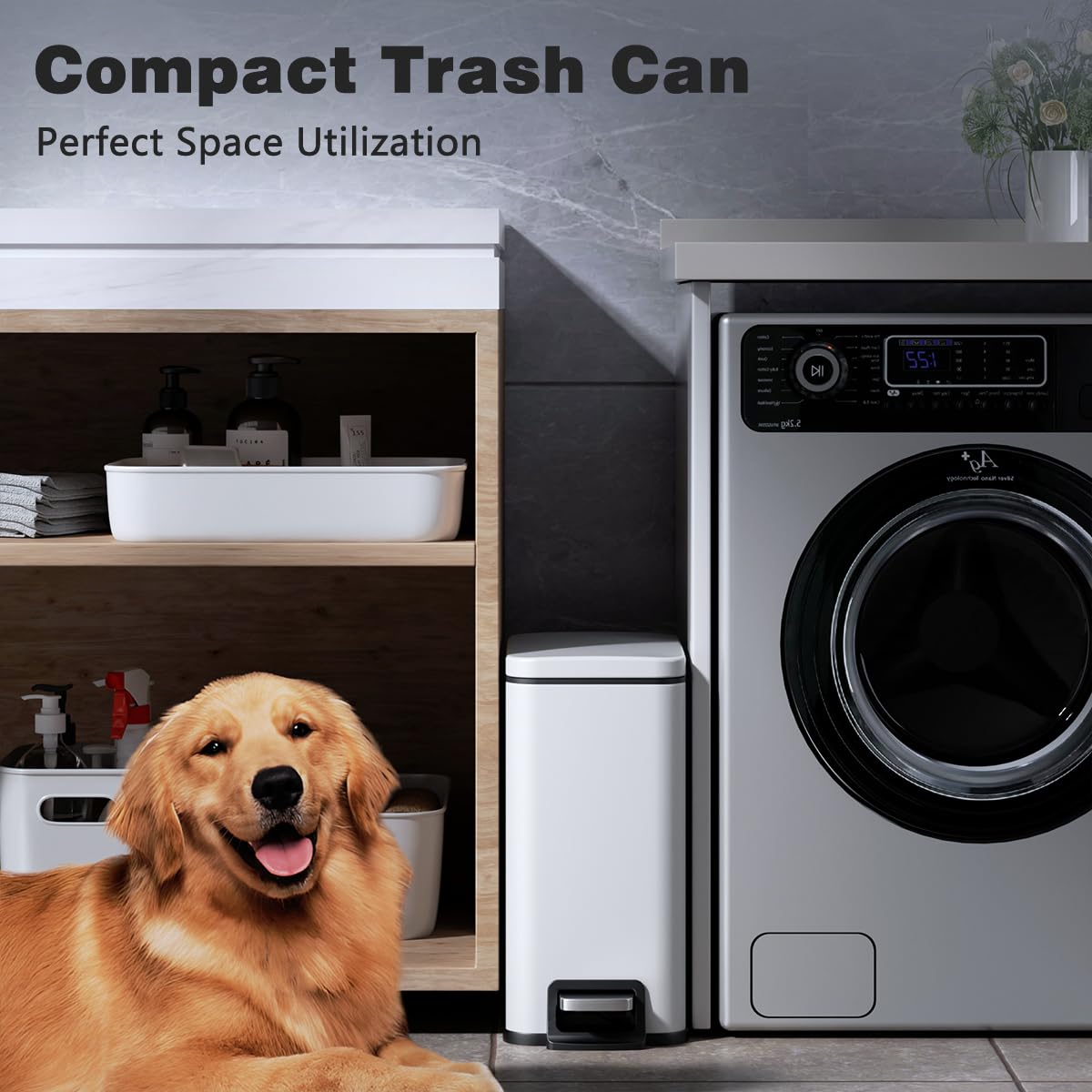Veelesa Slim Bathroom Trash Can with Lid Soft Close, 1.6 Gallon Stainless Steel Garbage Can with Removable Inner Bucket, Durable Step Pedal, Small Trash Bins for Toilet, Bedroom, Kitchen, Office