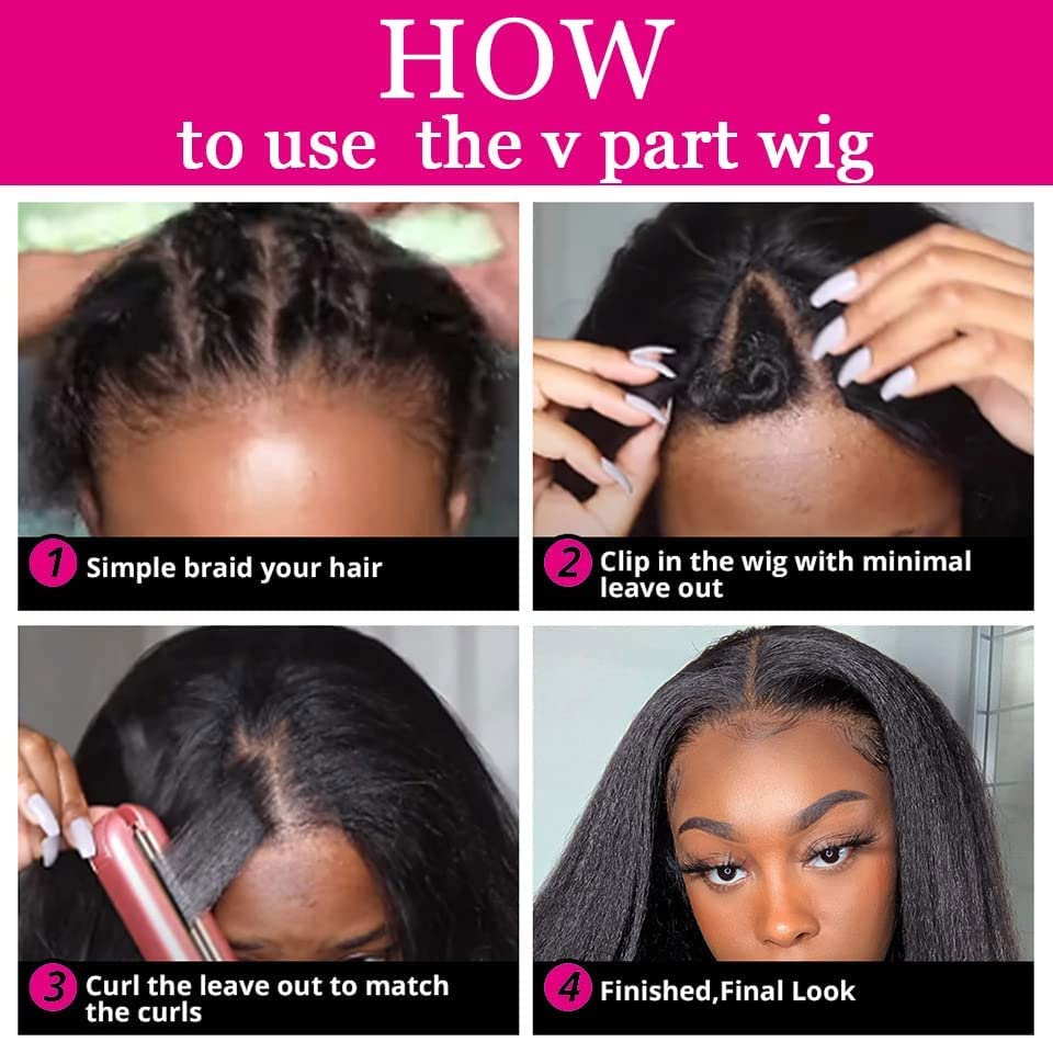 LOVFIR V Part Wig Human Hair Kinky Straight 180% Density No Leave Out V Part Wigs Upgrade U Part Human Hair Wig Yaki Straight V Part Wigs For Black Women Human Hair V Shape Wig 16 Inch