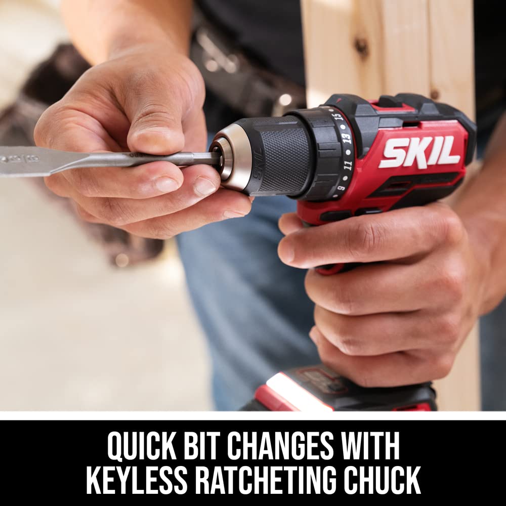 Skil PWR CORE 20 Brushless 20V 1/2" Compact Variable-Speed Drill Driver Kit with 1/2'' Single-Sleeve, Keyless Ratcheting Chuck & LED Worklight Including 2.0Ah Battery and PWR Jump Charger-DL6293B-10