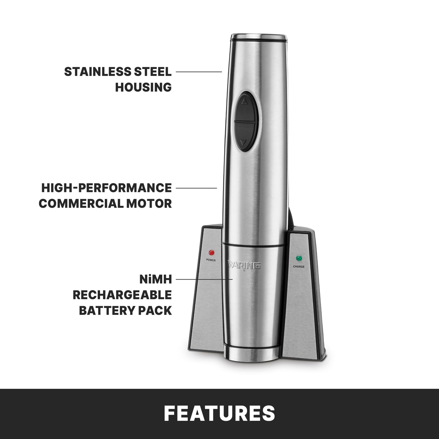 Waring Commercial WWO120 Portable Electric Wine Bottle Opener with Recharging Station,Silver