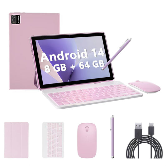Android 14 Tablet, 10 inch Tablets with Keyboard, 8GB RAM+64GB ROM+1TB Expandable Tablet, 1.8Ghz Quad-Core Processor, Case/ Mouse/ Stylus/ 8MP Camera/ 6000mAh Battery/ 1280x800 HD Touch Screen Tablet