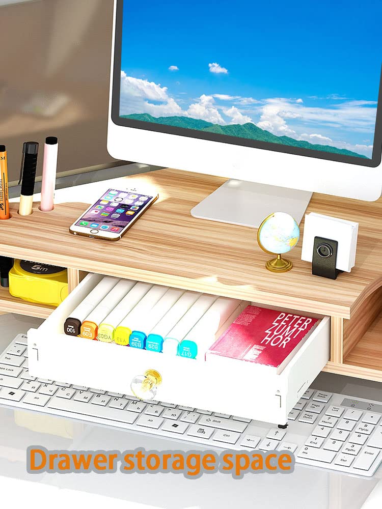 KUAIYU Triangle Monitor Stand Riser,Cut Triangle Save Space Desktop Corner,Desktop corner shelf with drawers wooden computer stand with storage laptop risers office organization. (Have drawers)