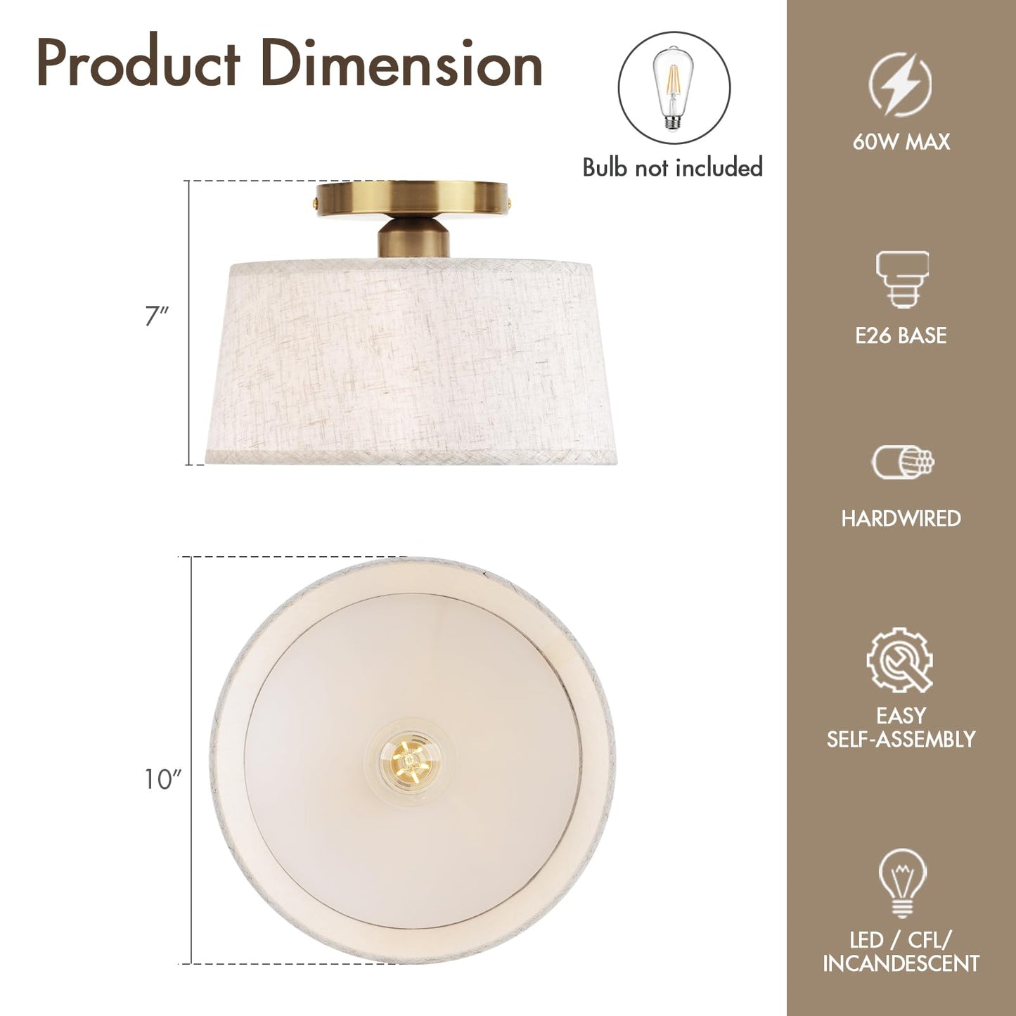 HILUXIA 2P Modern Ceiling Light Fixture, 10 Inch Semi Flush Mount Lamp with Linen Shade, E26 Base, Gold for Kitchen Bedroom Hallway Closet Entryway Room Small Spaces, 2 Pack