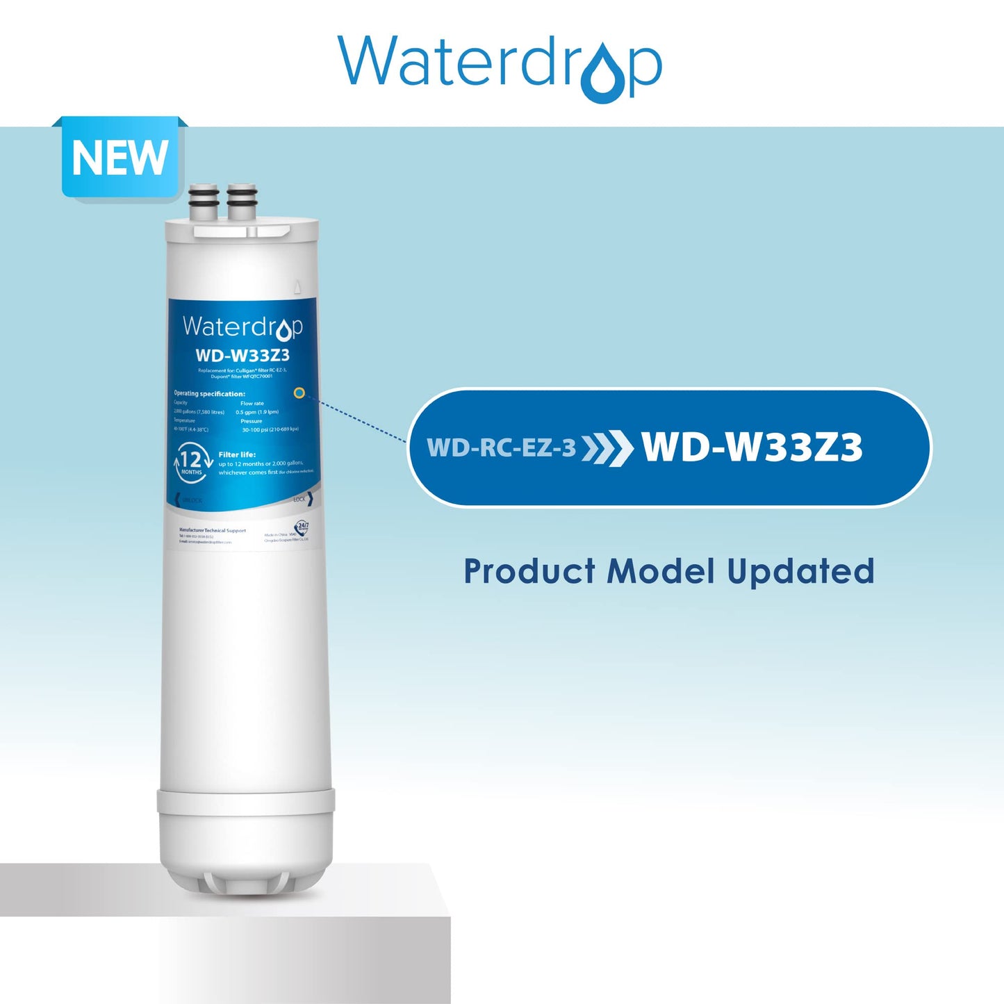 Waterdrop Advanced Water Filter Replacement - RC 3, EZ Change - 2K Gallons (Pack of 2) for Culligan, Brita, DuPont & More
