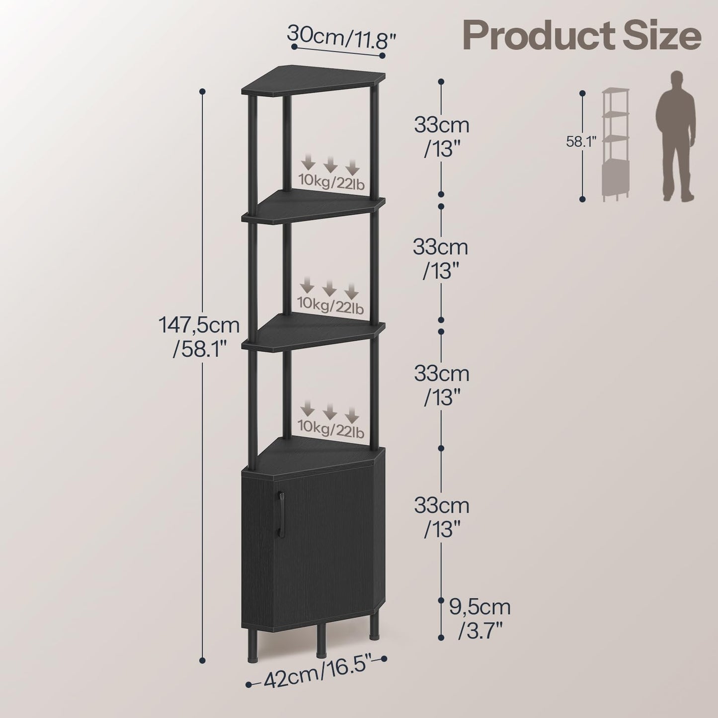 HOOBRO Corner Cabinet with LED Light, Corner Shelf Stand with Storage and Doors, 5-Tier Industrial Corner Bookshelf, 59” Tall Display Rack Shelf, for Living Room, Kitchen, Black BB147DCJ01