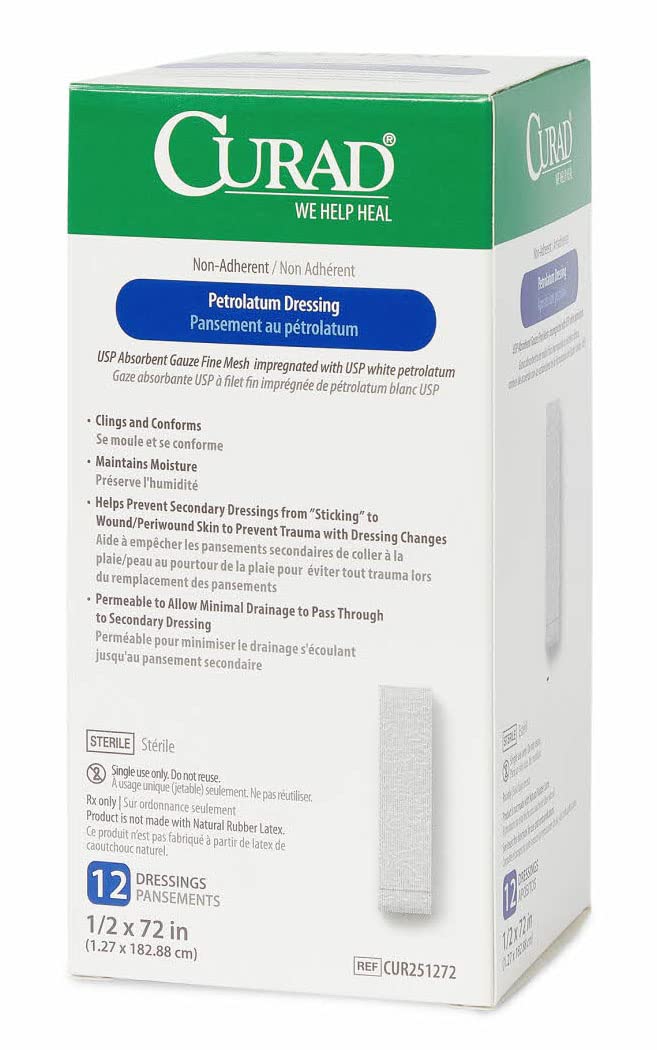 Medline CURAD Sterile Nonadherent Petrolatum Gauze Dressing, 1/2 Inch x 72 Inches, Ideal for Nondraining Wounds, Case of 72 Each