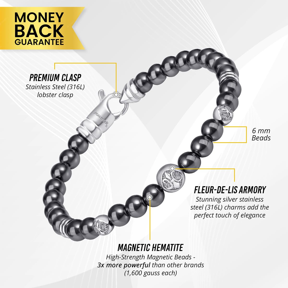 MagnetRX® Hematite Magnetic Bracelet – Max Strength Magnet Stones with Stainless Steel Charms – Elegant Magnetic Hematite Beaded Bracelets for Men (Armory | Large)
